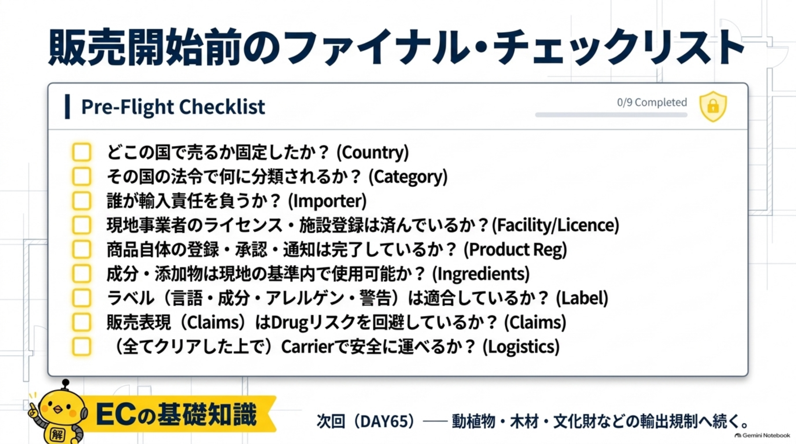 販売開始前のファイナル・チェックリスト：どこの国で売るか固定したか、その国の法令で何に分類されるか、誰が輸入責任を負うか、現地事業者のライセンス・施設登録は済んでいるか、商品自体の登録・承認・通知は完了しているか、成分・添加物は現地の基準内で使用可能か、ラベルは適合しているか、販売表現はDrugリスクを回避しているか、全てクリアした上でCarrierで安全に運べるか。次回DAY65は動植物・木材・文化財などの輸出規制へ続く