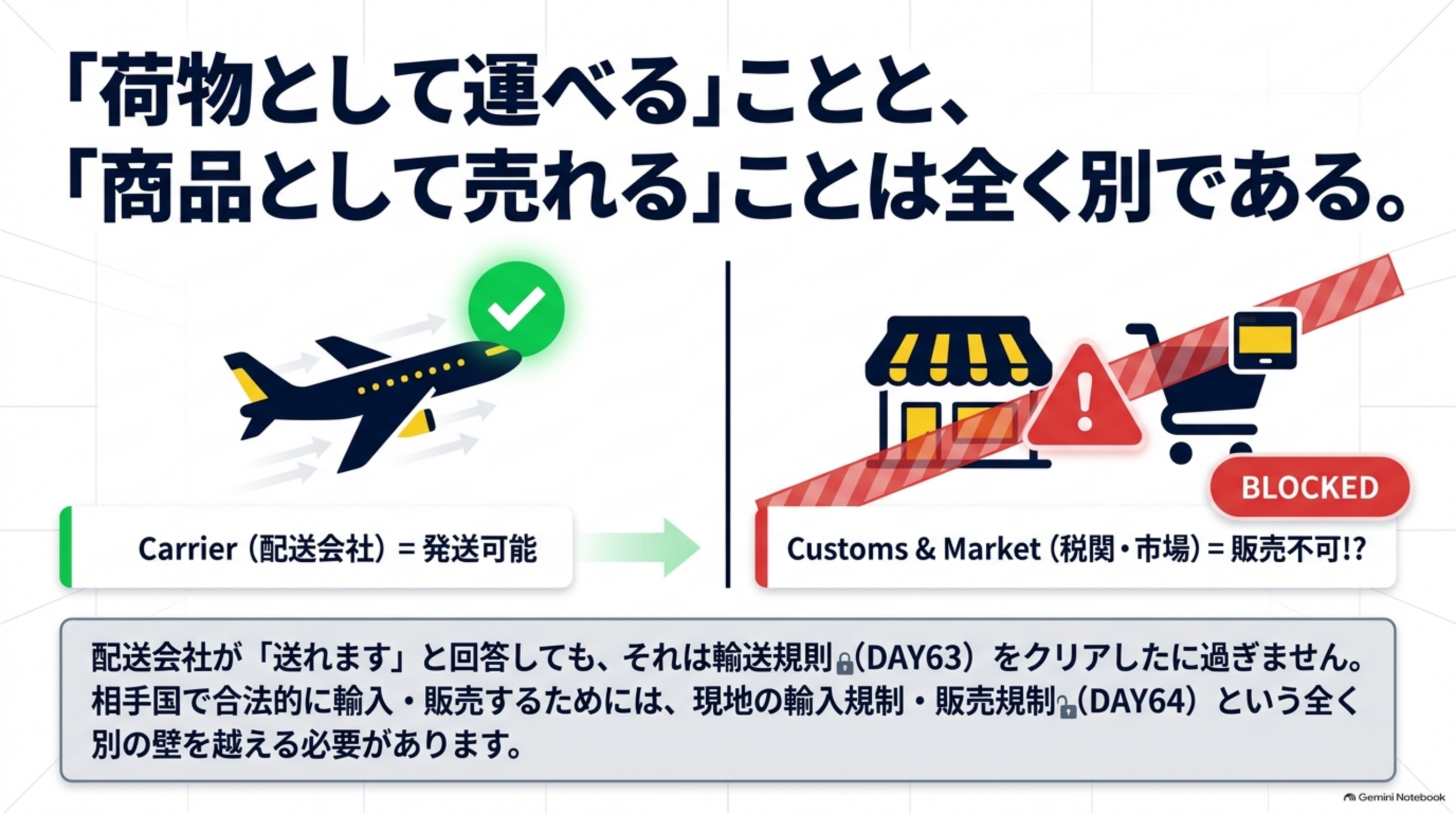 「荷物として運べる」ことと「商品として売れる」ことは全く別である。配送会社が発送可能と回答しても、それは輸送規則をクリアしたに過ぎず、相手国で合法的に輸入・販売するためには現地の輸入規制・販売規制という別の壁を越える必要がある