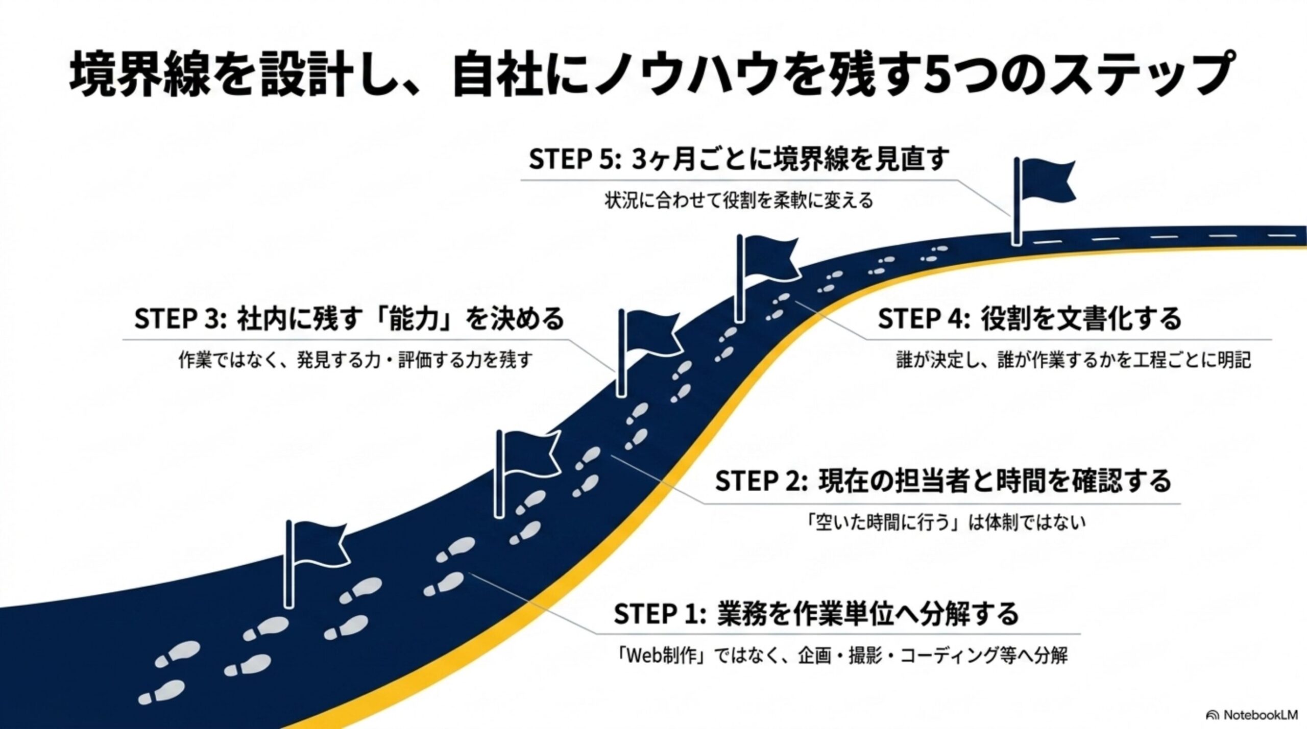 境界線を設計し、自社にノウハウを残す5つのステップという見出しと、道のりに沿って旗が立つ図解。STEP1業務を作業単位へ分解する(「Web制作」ではなく、企画・撮影・コーディング等へ分解)→STEP2現在の担当者と時間を確認する(「空いた時間に行う」は体制ではない)→STEP3社内に残す「能力」を決める(作業ではなく、発見する力・評価する力を残す)→STEP4役割を文書化する(誰が決定し、誰が作業するかを工程ごとに明記)→STEP5 3ヶ月ごとに境界線を見直す(状況に合わせて役割を柔軟に変える)という5段階の図解