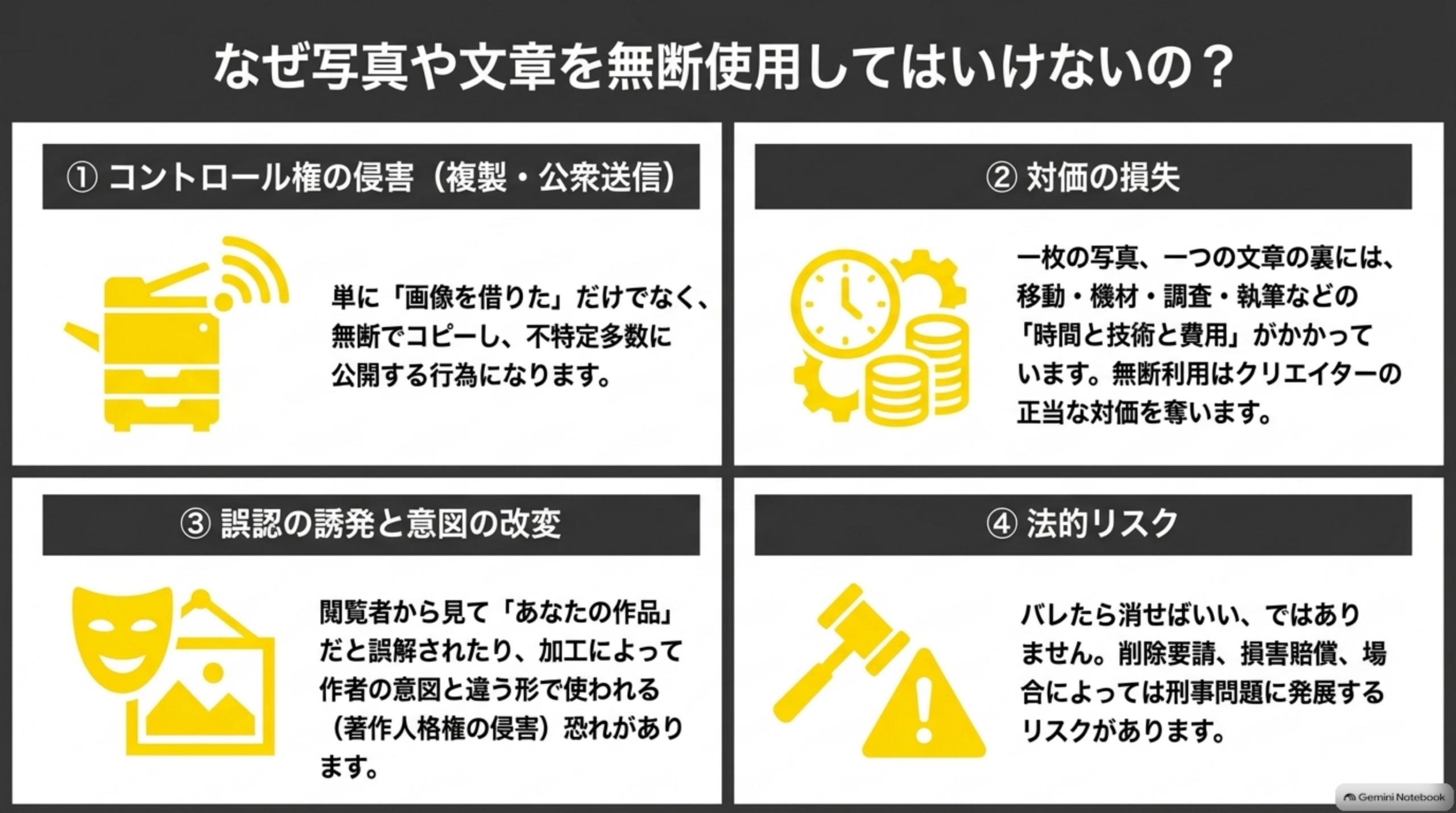 なぜ無断使用NGなのか。コントロール権の侵害・対価の損失・誤認の誘発と意図の改変・法的リスクの4つの理由