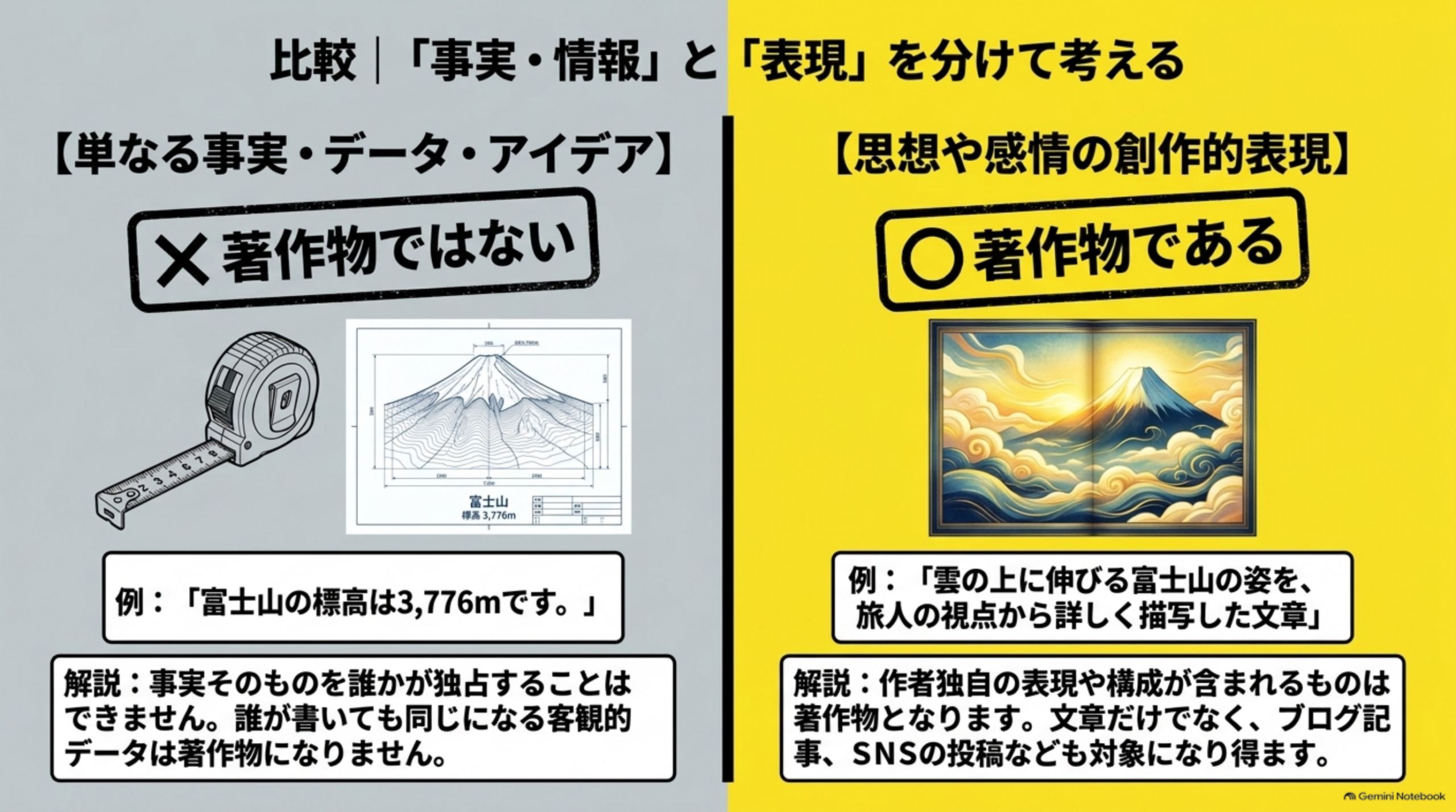 比較。単なる事実・データ・アイデアは著作物ではない、思想や感情の創作的表現は著作物である