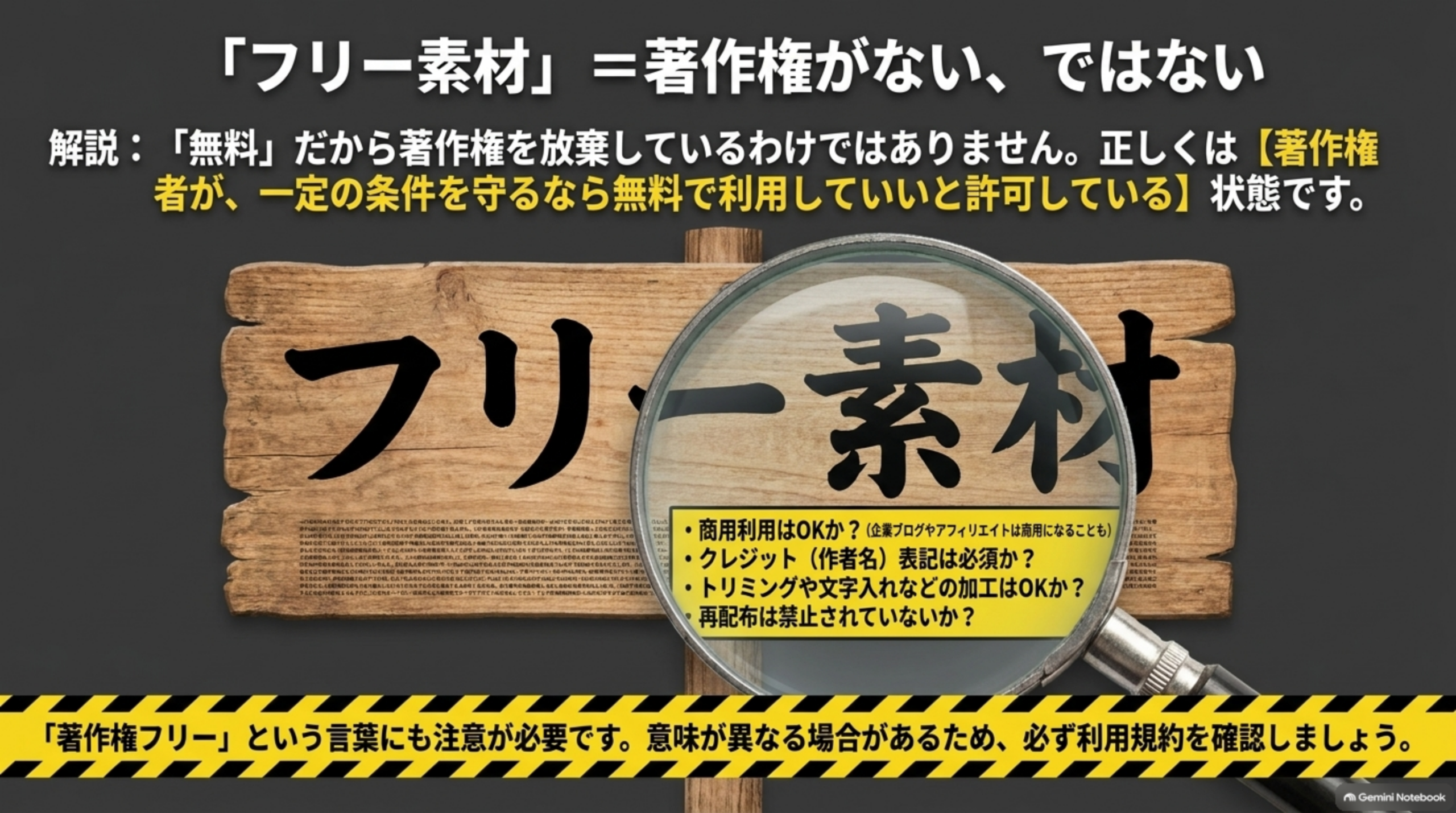 フリー素材＝著作権がない、ではない。商用利用の可否・クレジット表記・加工の可否・再配布の可否を確認