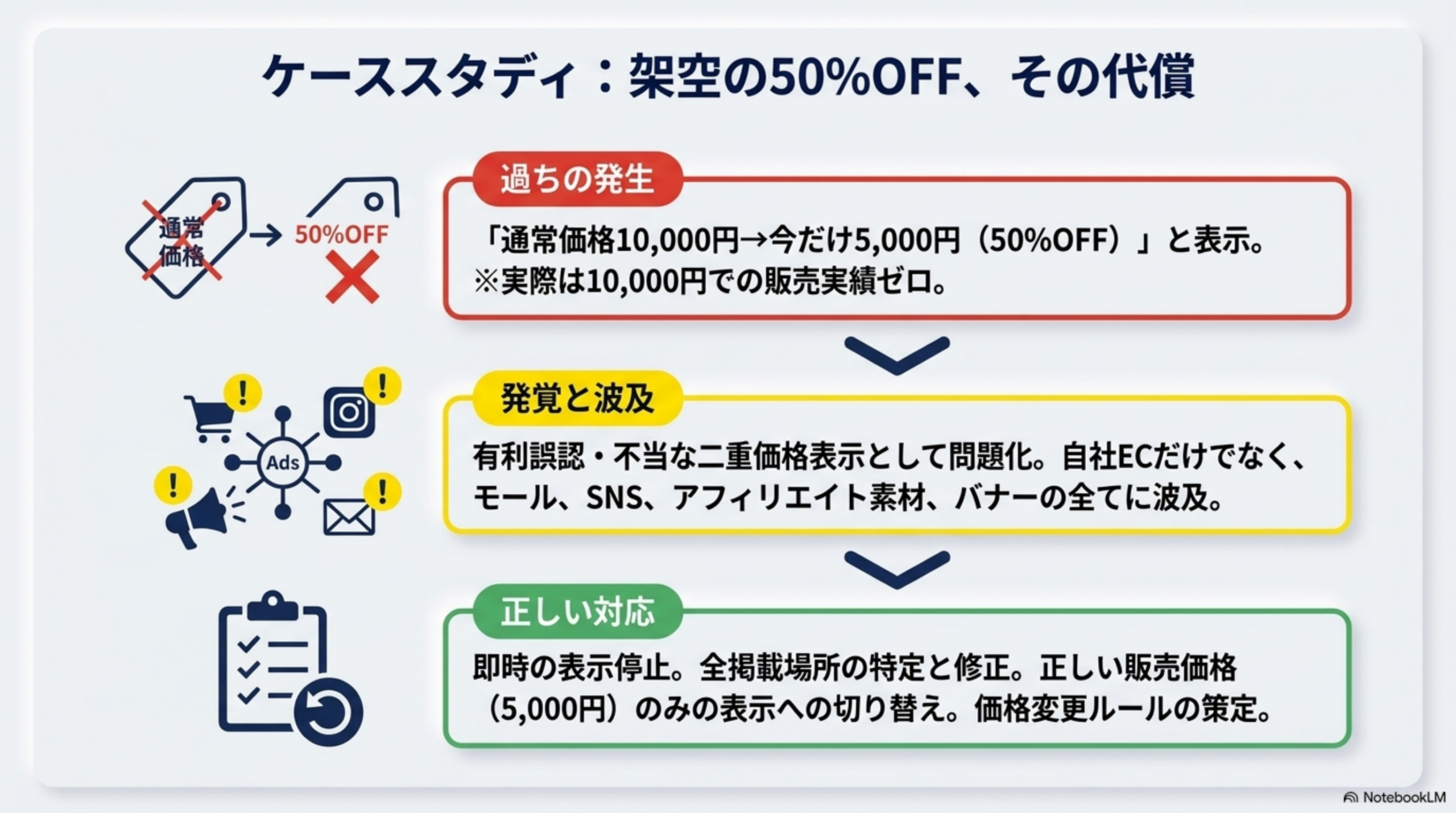 ケーススタディ：架空の50%OFF、その代償。過ちの発生：「通常価格10,000円→今だけ5,000円（50%OFF）」と表示。実際は10,000円での販売実績ゼロ。発覚と波及：有利誤認・不当な二重価格表示として問題化。自社ECだけでなく、モール、SNS、アフィリエイト素材、バナーの全てに波及。正しい対応：即時の表示停止。全掲載場所の特定と修正。正しい販売価格（5,000円）のみの表示への切り替え。価格変更ルールの策定