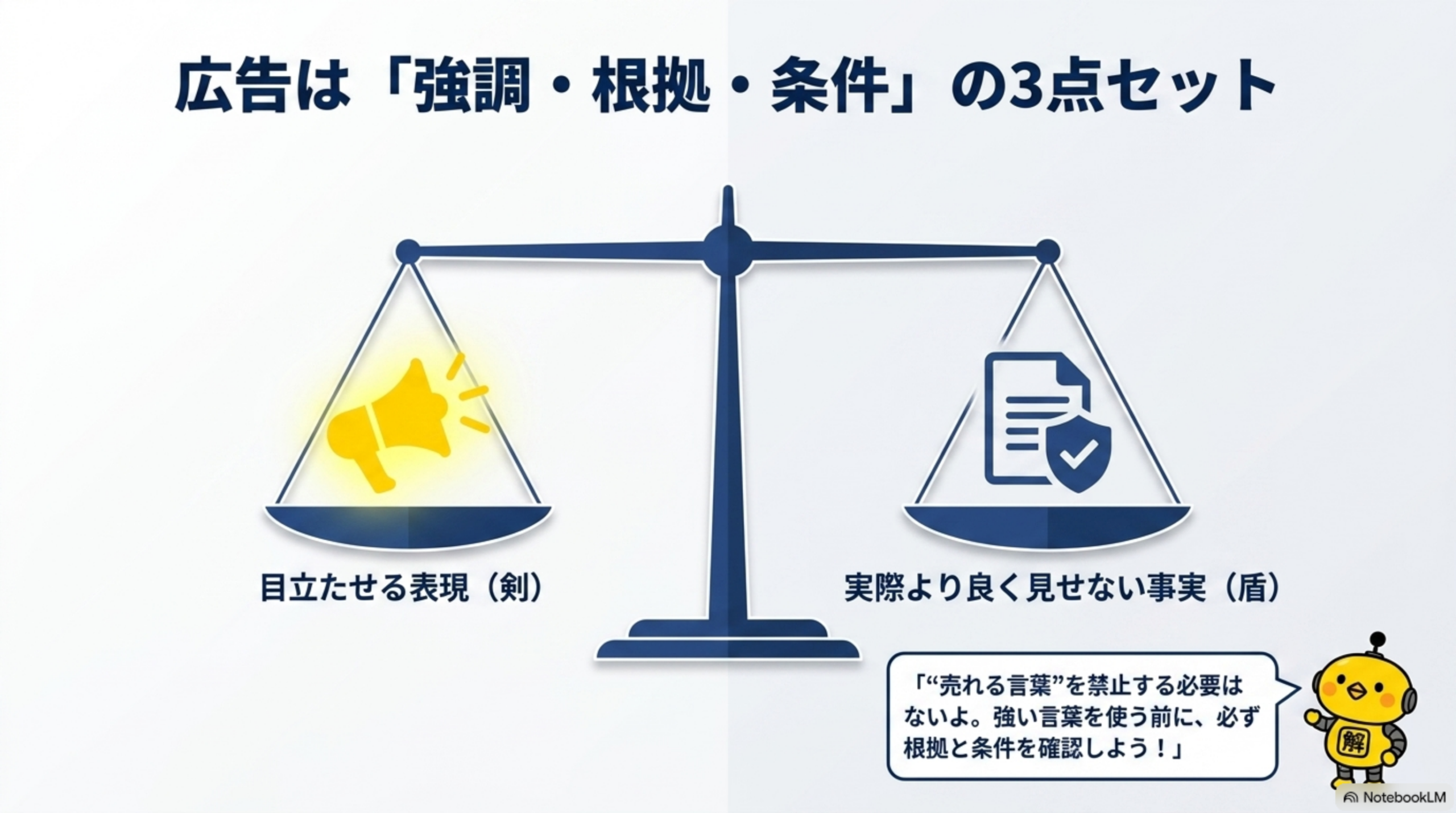 広告は「強調・根拠・条件」の3点セット。目立たせる表現（剣）と、実際より良く見せない事実（盾）が釣り合っている状態が正しい広告。「売れる言葉」を禁止する必要はない。強い言葉を使う前に、必ず根拠と条件を確認しよう