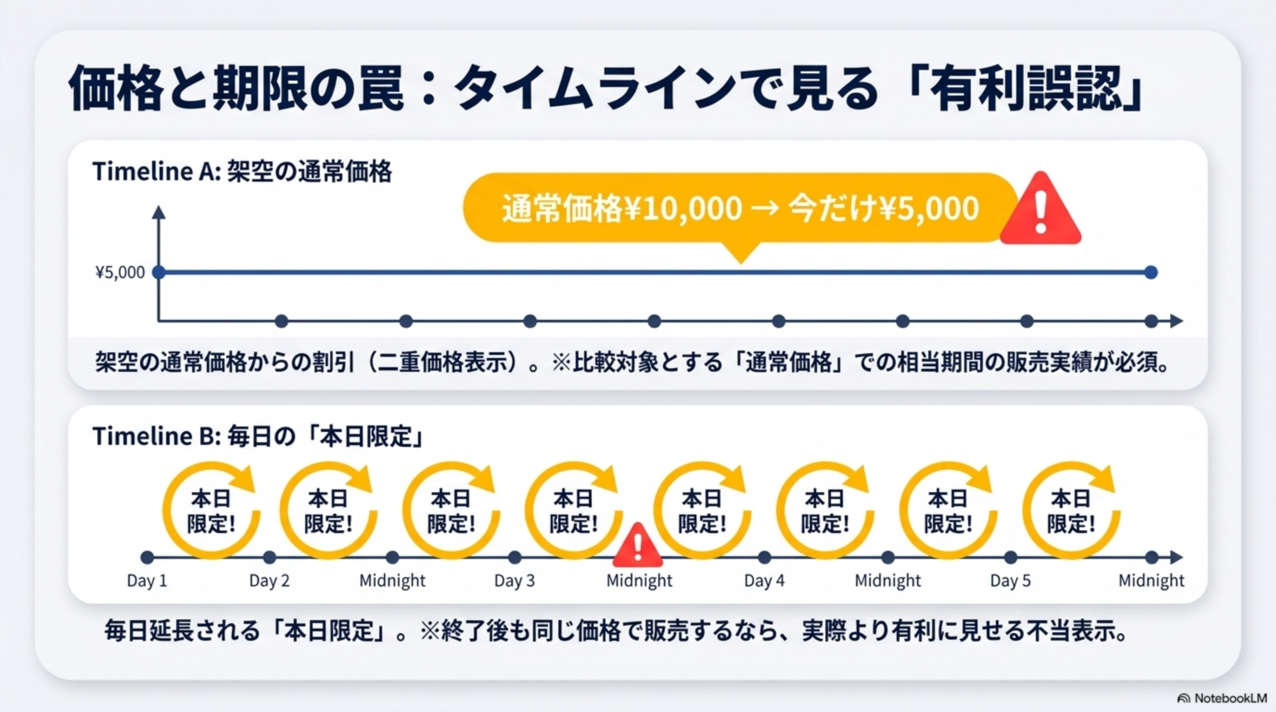 価格と期限の罠：タイムラインで見る「有利誤認」。Timeline A 架空の通常価格：通常価格¥10,000→今だけ¥5,000。実際は販売開始から¥5,000のみで販売実績ゼロ（架空の通常価格からの割引は二重価格表示。比較対象とする「通常価格」での相当期間の販売実績が必須）。Timeline B 毎日の「本日限定」：Day1からDay5まで毎日「本日限定！」を繰り返す（毎日延長される「本日限定」。終了後も同じ価格で販売するなら、実際より有利に見せる不当表示）