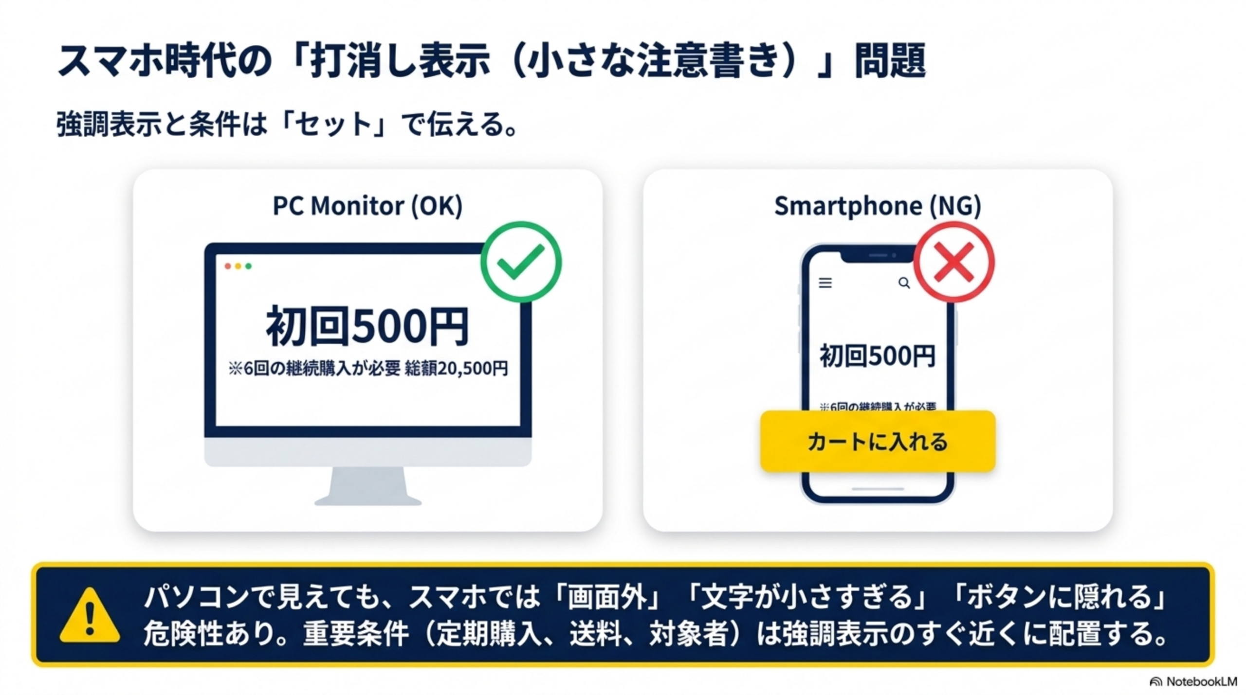 スマホ時代の「打消し表示（小さな注意書き）」問題。強調表示と条件は「セット」で伝える。PC Monitor（OK）：初回500円の下に「※6回の継続購入が必要 総額20,500円」が見える。Smartphone（NG）：初回500円は見えるが、注意書きが小さく「カートに入れる」ボタンに隠れている。パソコンで見えても、スマホでは「画面外」「文字が小さすぎる」「ボタンに隠れる」危険性あり。重要条件（定期購入、送料、対象者）は強調表示のすぐ近くに配置する