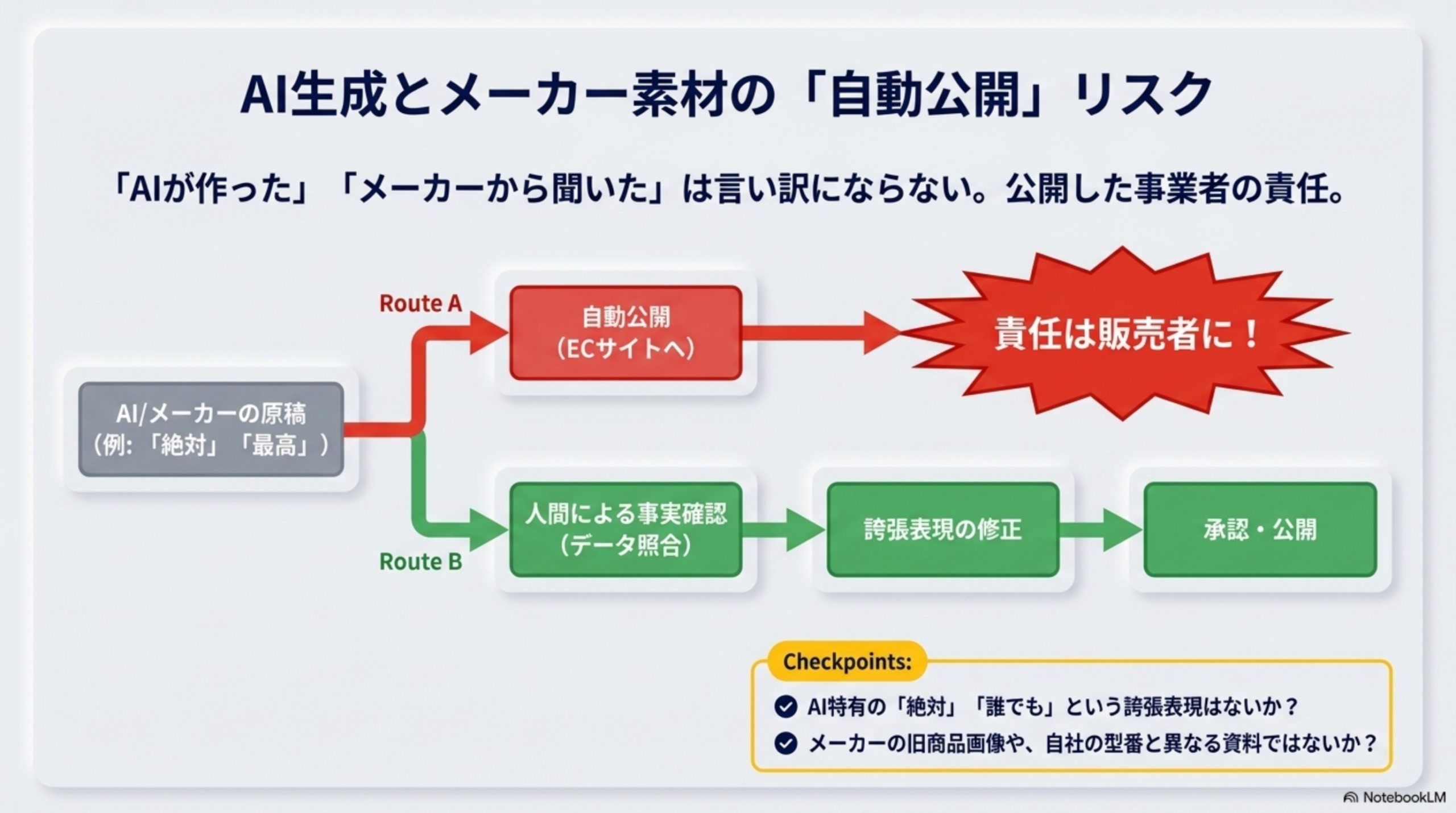 AI生成とメーカー素材の「自動公開」リスク。「AIが作った」「メーカーから聞いた」は言い訳にならない。公開した事業者の責任。Route A 自動公開（ECサイトへ）→責任は販売者に！Route B 人間による事実確認（データ照合）→誇張表現の修正→承認・公開。Checkpoints：AI特有の「絶対」「誰でも」という誇張表現はないか？メーカーの旧商品画像や、自社の型番と異なる資料ではないか？