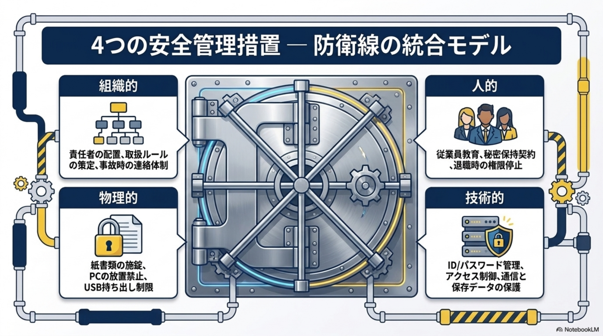 4つの安全管理措置―防衛線の統合モデル。組織的：責任者の配置、取扱ルールの策定、事故時の連絡体制。人的：従業員教育、秘密保持契約、退職時の権限停止。物理的：紙書類の施錠、PCの放置禁止、USB持ち出し制限。技術的：ID/パスワード管理、アクセス制御、通信と保存データの保護