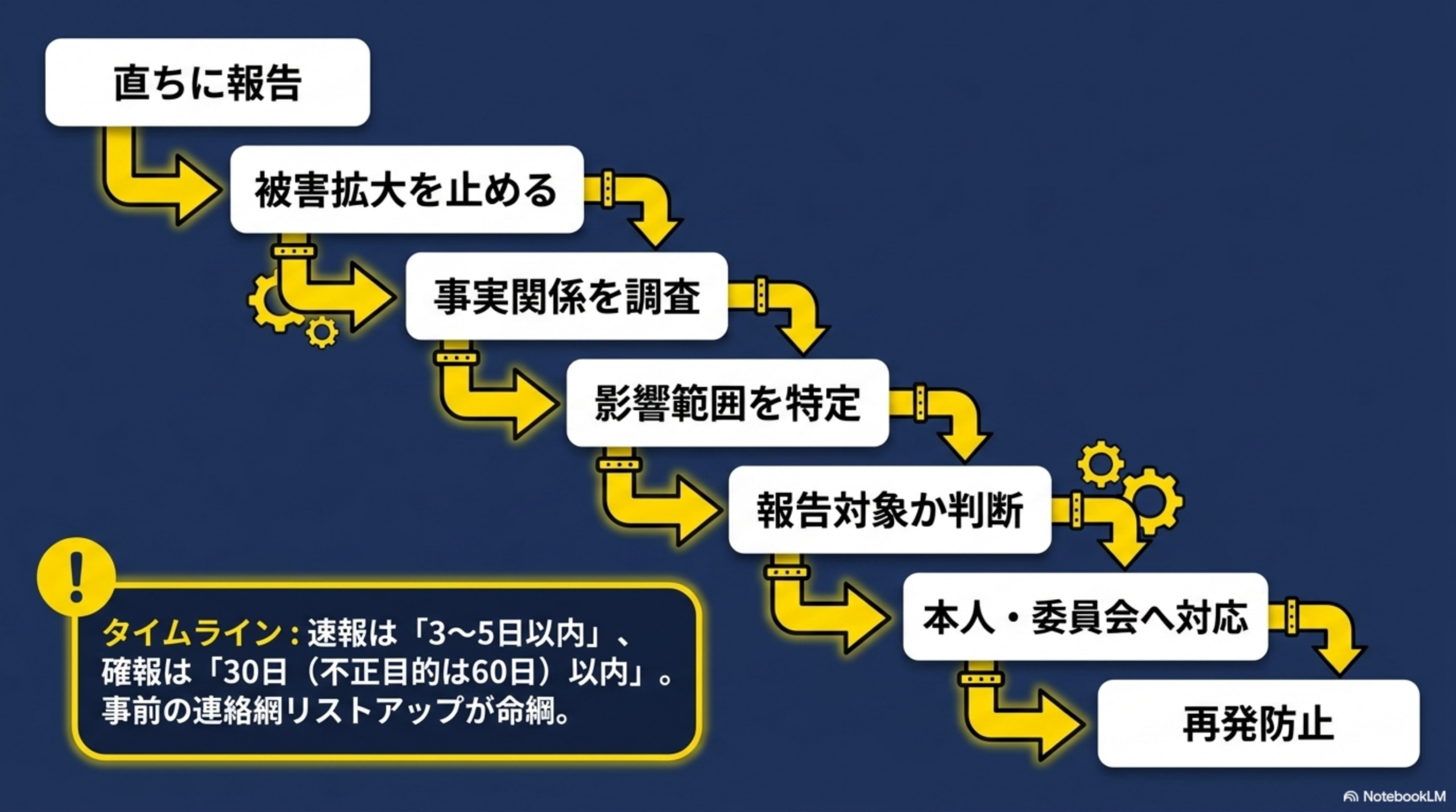 漏えい対応フロー：直ちに報告→被害拡大を止める→事実関係を調査→影響範囲を特定→報告対象か判断→本人・委員会へ対応→再発防止。タイムライン：速報は「3〜5日以内」、確報は「30日（不正目的は60日）以内」。事前の連絡網リストアップが命綱
