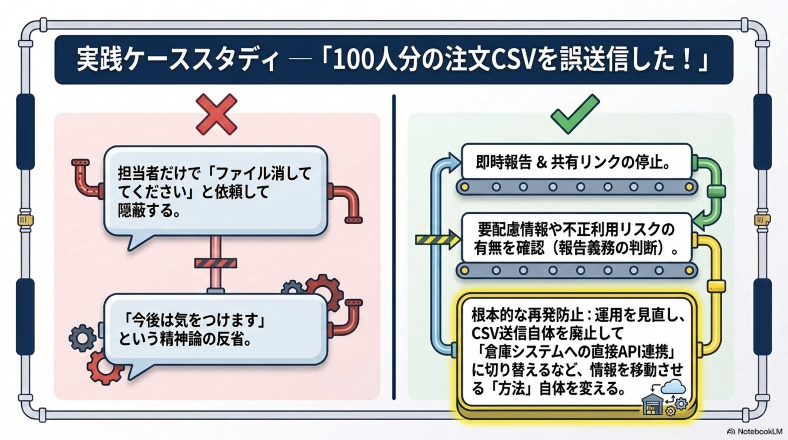 実践ケーススタディ：100人分の注文CSVを誤送信した！NG対応：担当者だけで「ファイル消してください」と依頼して隠蔽する、「今後は気をつけます」という精神論の反省。OK対応：即時報告と共有リンクの停止、要配慮情報や不正利用リスクの有無を確認（報告義務の判断）、根本的な再発防止として運用を見直し、CSV送信自体を廃止して「倉庫システムへの直接API連携」に切り替えるなど情報を移動させる方法自体を変える