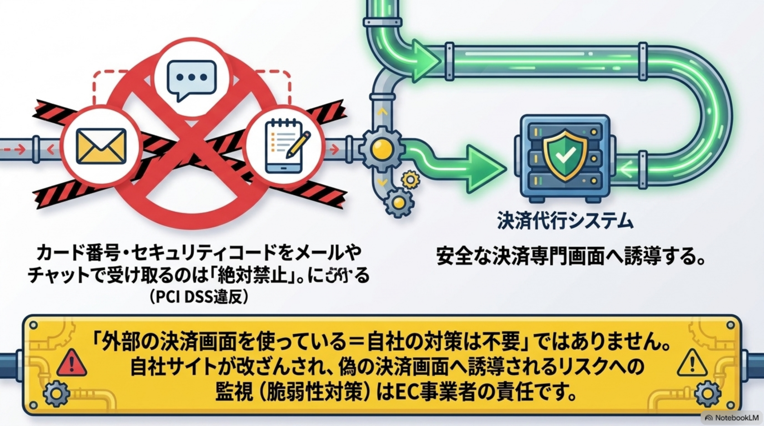 カード番号・セキュリティコードをメールやチャットで受け取るのは絶対禁止（PCI DSS違反）。安全な決済専門画面へ誘導する。「外部の決済画面を使っている＝自社の対策は不要」ではありません。自社サイトが改ざんされ、偽の決済画面へ誘導されるリスクへの監視（脆弱性対策）はEC事業者の責任です