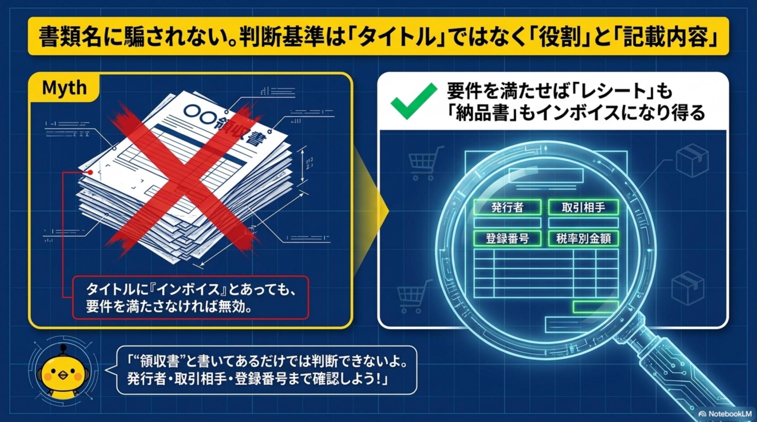 書類名に騙されない。判断基準は「タイトル」ではなく「役割」と「記載内容」。タイトルに「インボイス」とあっても、要件を満たさなければ無効。要件を満たせば「レシート」も「納品書」もインボイスになり得る。発行者・取引相手・登録番号・税率別金額を確認しよう