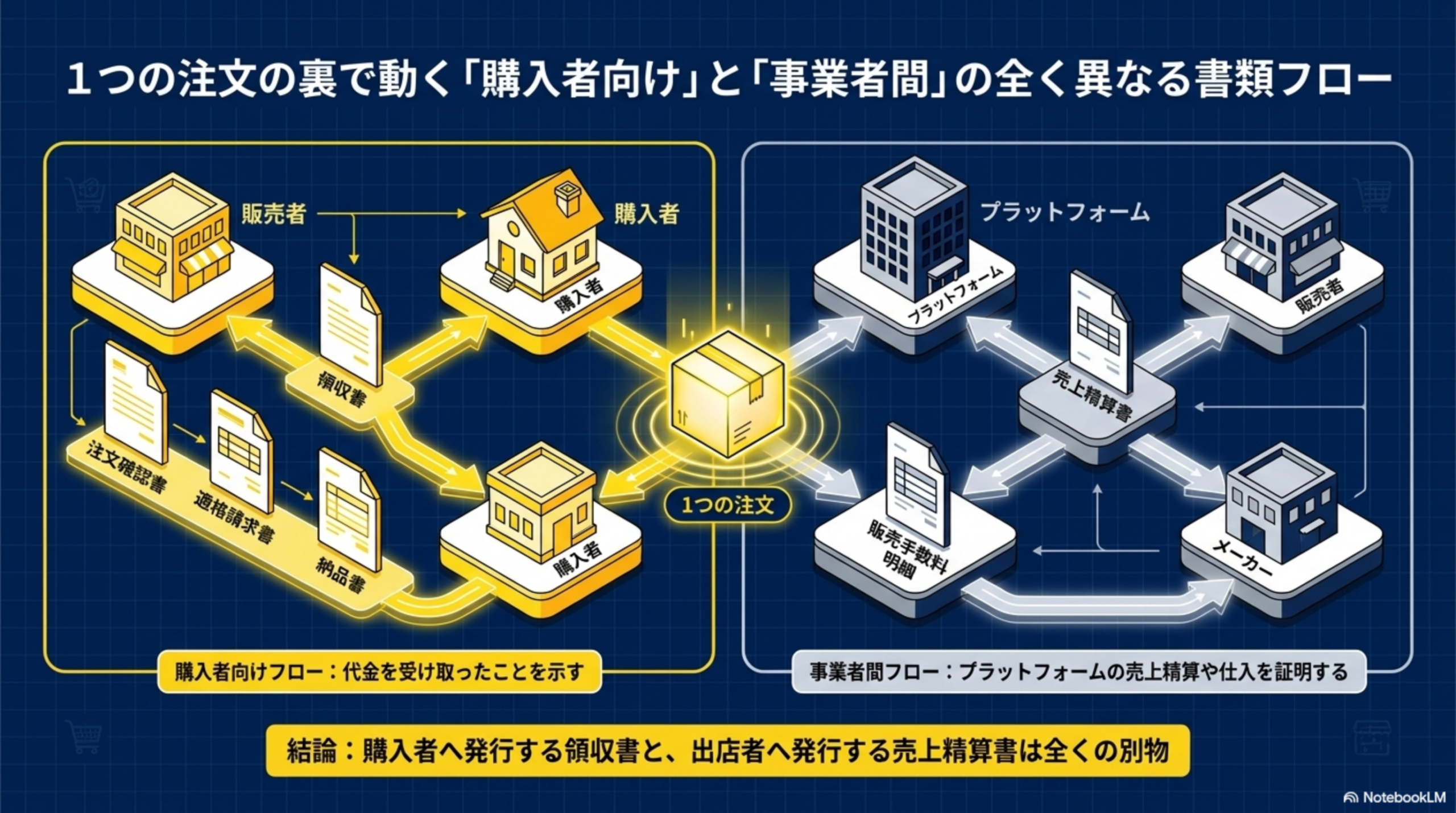 1つの注文の裏で動く「購入者向け」と「事業者間」の全く異なる書類フロー。購入者向けフロー：販売者→注文確認書→適格請求書→納品書→領収書→購入者（代金を受け取ったことを示す）。事業者間フロー：プラットフォーム⇄売上精算書⇄販売手数料明細⇄販売者・メーカー（プラットフォームの売上精算や仕入を証明する）。結論：購入者へ発行する領収書と、出店者へ発行する売上精算書は全くの別物