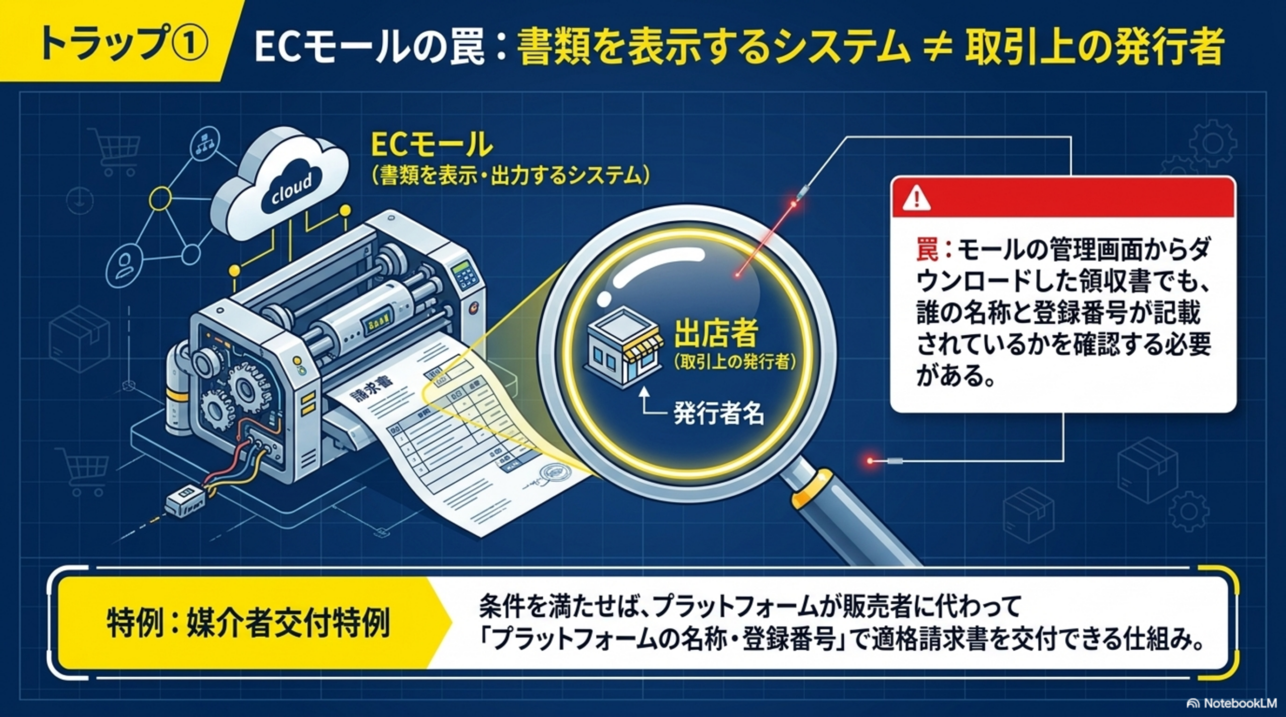 トラップ①ECモールの罠：書類を表示するシステム≠取引上の発行者。ECモール（書類を表示・出力するシステム）から出力される請求書でも、取引上の発行者は出店者。罠：モールの管理画面からダウンロードした領収書でも、誰の名称と登録番号が記載されているかを確認する必要がある。特例：媒介者交付特例：条件を満たせば、プラットフォームが販売者に代わって「プラットフォームの名称・登録番号」で適格請求書を交付できる仕組み