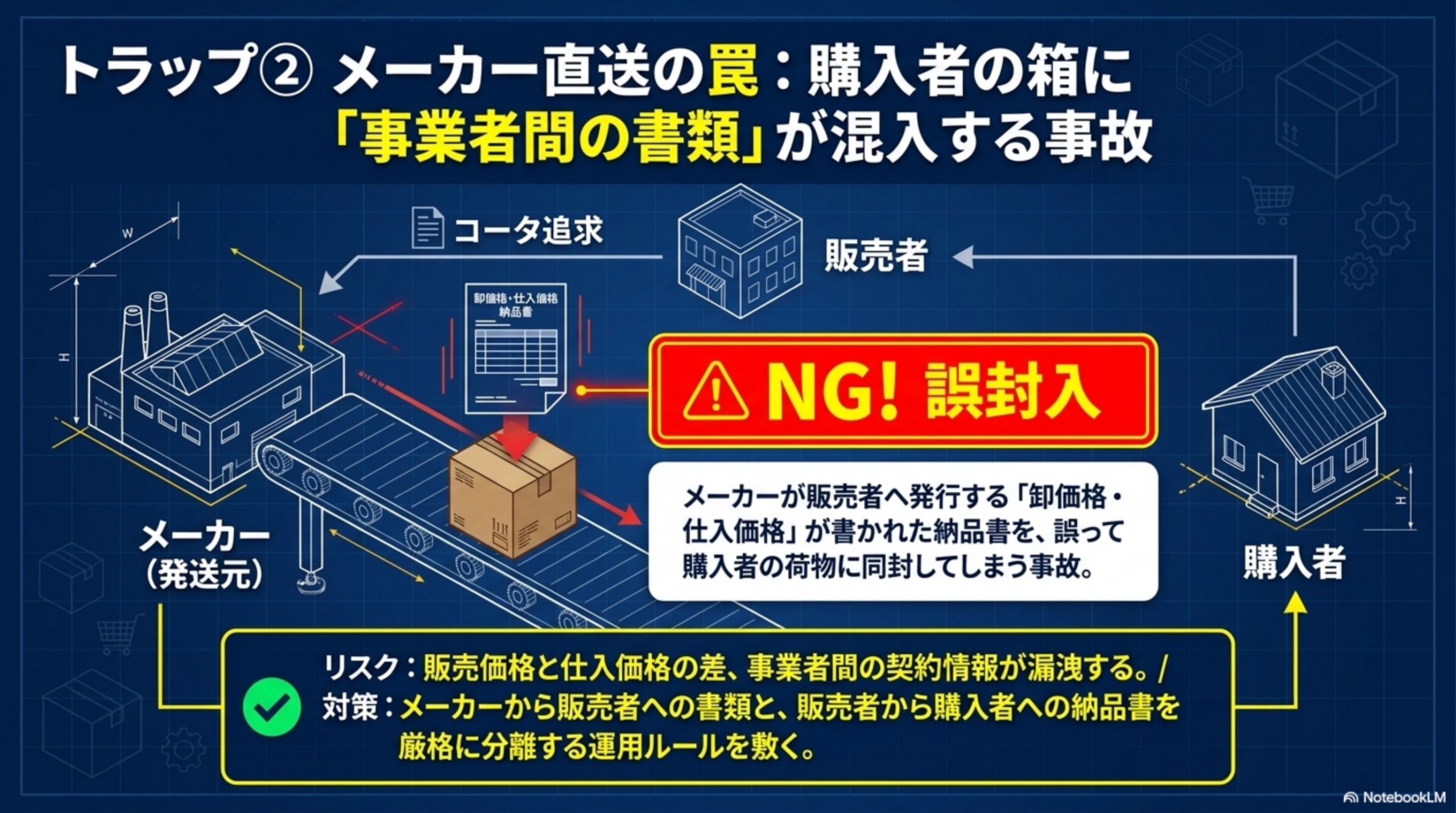 トラップ②メーカー直送の罠：購入者の箱に「事業者間の書類」が混入する事故。メーカー（発送元）が販売者へ発行する「卸価格・仕入価格」が書かれた納品書を、誤って購入者の荷物に同封してしまう事故。リスク：販売価格と仕入価格の差、事業者間の契約情報が漏洩する。対策：メーカーから販売者への書類と、販売者から購入者への納品書を厳格に分離する運用ルールを敷く
