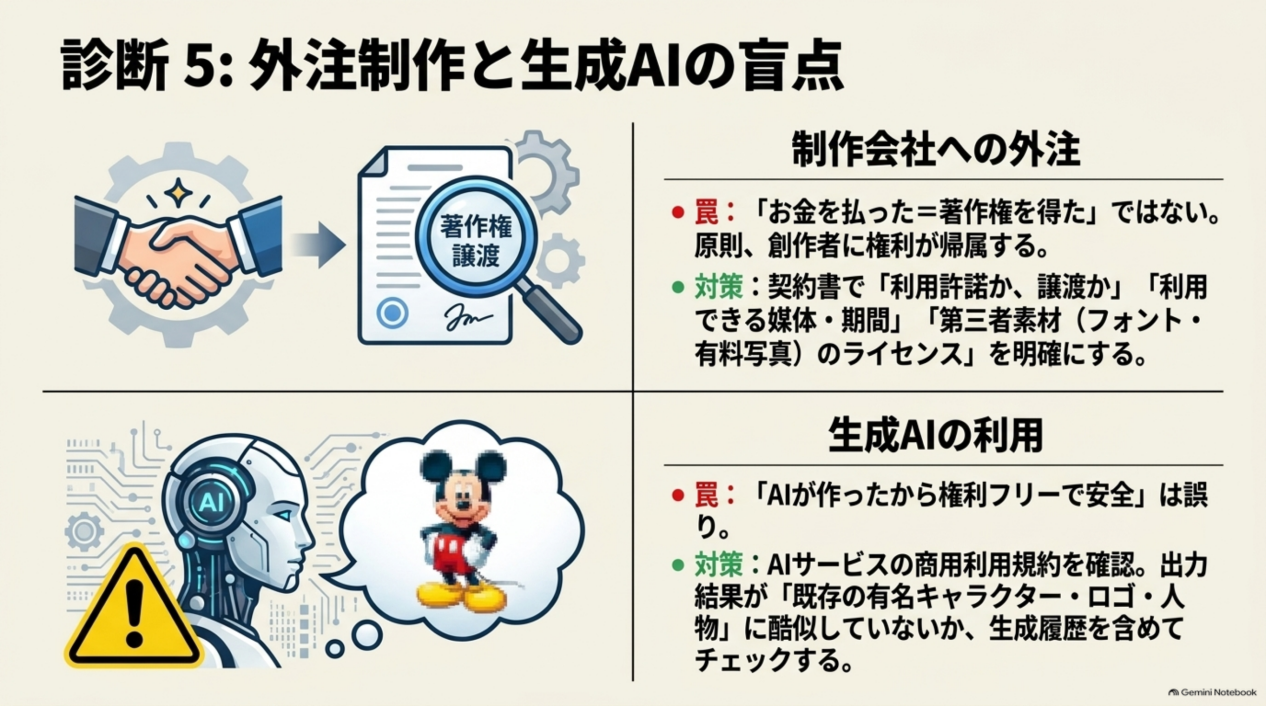 診断5：外注制作と生成AIの盲点。制作会社への外注：罠は「お金を払った＝著作権を得た」ではない、原則、創作者に権利が帰属する。対策は契約書で「利用許諾か、譲渡か」「利用できる媒体・期間」「第三者素材（フォント・有料写真）のライセンス」を明確にする。生成AIの利用：罠は「AIが作ったから権利フリーで安全」は誤り。対策はAIサービスの商用利用規約を確認、出力結果が「既存の有名キャラクター・ロゴ・人物」に酷似していないか、生成履歴を含めてチェックする