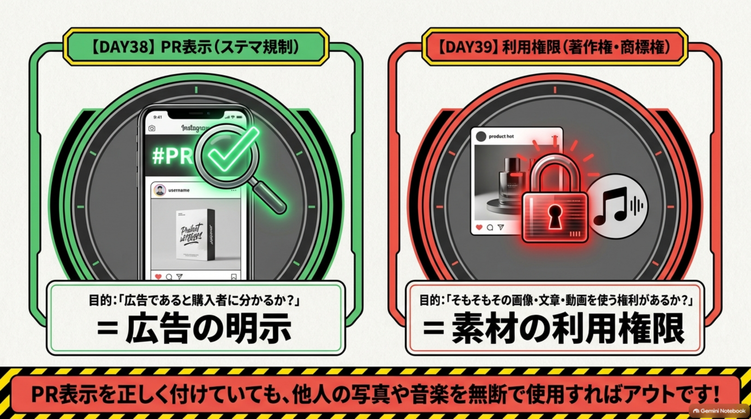 【DAY38】PR表示（ステマ規制）vs【DAY39】利用権限（著作権・商標権）。DAY38の目的は「広告であると購入者に分かるか？」＝広告の明示。DAY39の目的は「そもそもその画像・文章・動画を使う権利があるか？」＝素材の利用権限。PR表示を正しく付けていても、他人の写真や音楽を無断で使用すればアウトです！