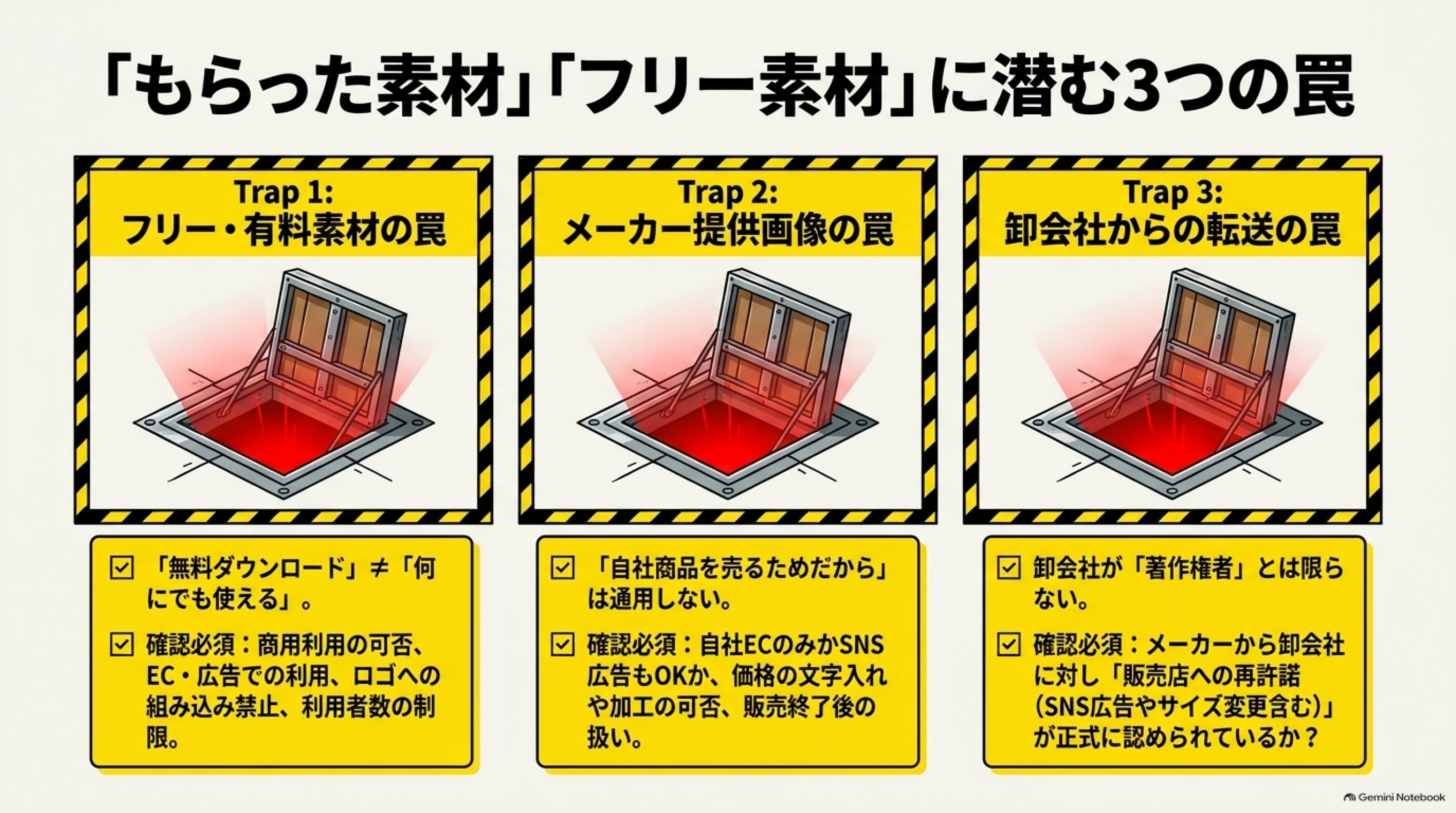 「もらった素材」「フリー素材」に潜む3つの罠。Trap1 フリー・有料素材の罠：「無料ダウンロード」≠「何にでも使える」。確認必須：商用利用の可否、EC・広告での利用、ロゴへの組み込み禁止、利用者数の制限。Trap2 メーカー提供画像の罠：「自社商品を売るためだから」は通用しない。確認必須：自社ECのみかSNS広告もOKか、価格の文字入れや加工の可否、販売終了後の扱い。Trap3 卸会社からの転送の罠：卸会社が「著作権者」とは限らない。確認必須：メーカーから卸会社に対し「販売店への再許諾」が正式に認められているか？