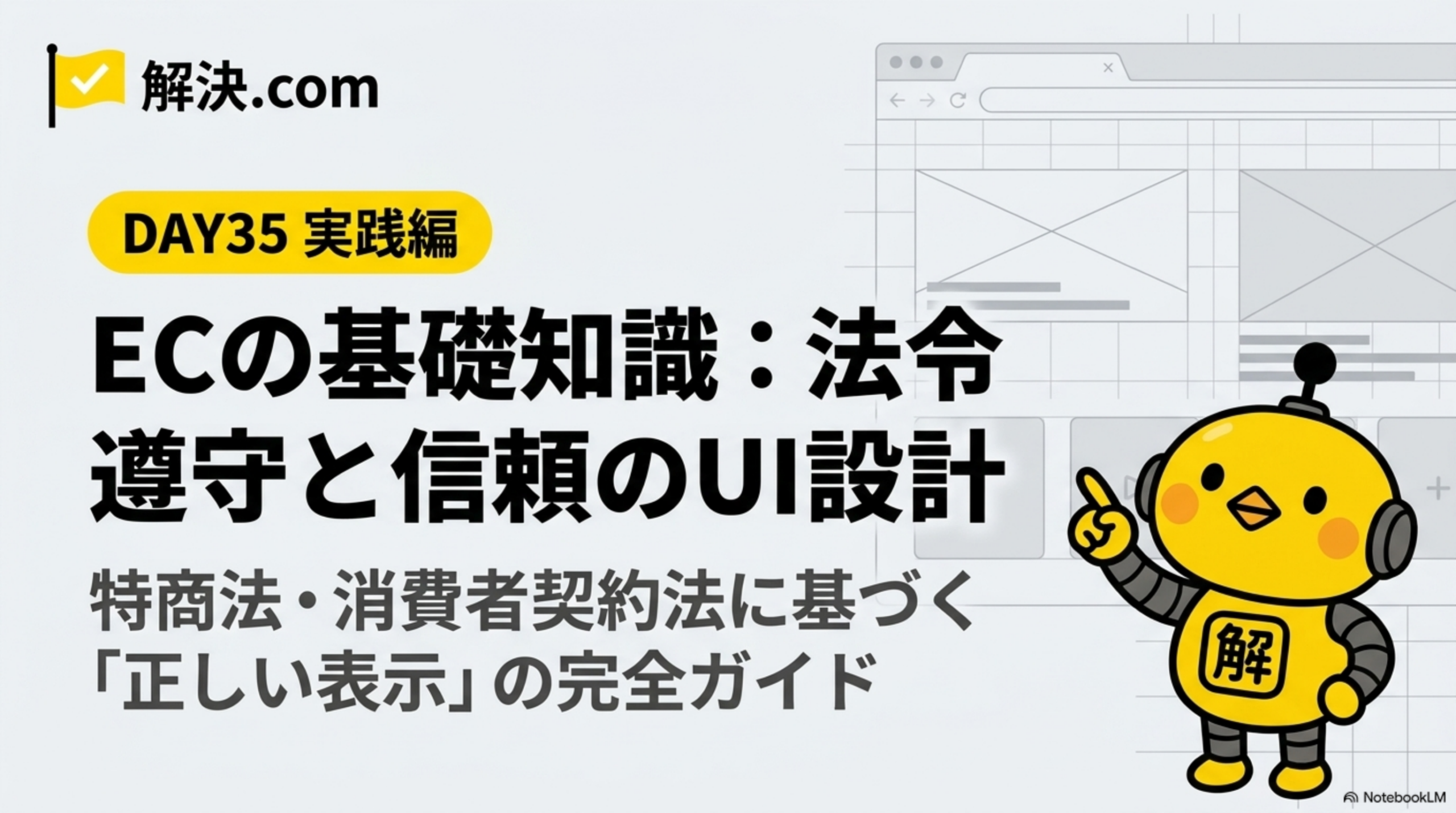 解決.com DAY35実践編｜ECの基礎知識：法令遵守と信頼のUI設計。特定商取引法・消費者契約法に基づく「正しい表示」の完全ガイド