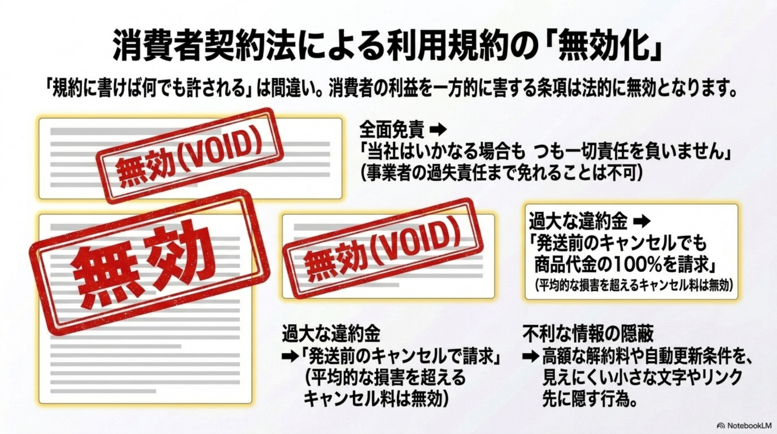 消費者契約法による利用規約の「無効化」。「規約に書けば何でも許される」は間違い。消費者の利益を一方的に害する条項は法的に無効となります。全面免責→「当社はいかなる場合も一切責任を負いません」（事業者の過失責任まで免れることは不可）は無効(VOID)。過大な違約金→「発送前のキャンセルでも商品代金の100%を請求」（平均的な損害を超えるキャンセル料は無効）は無効(VOID)。不利な情報の隠蔽→高額な解約料や自動更新条件を、見えにくい小さな文字やリンク先に隠す行為