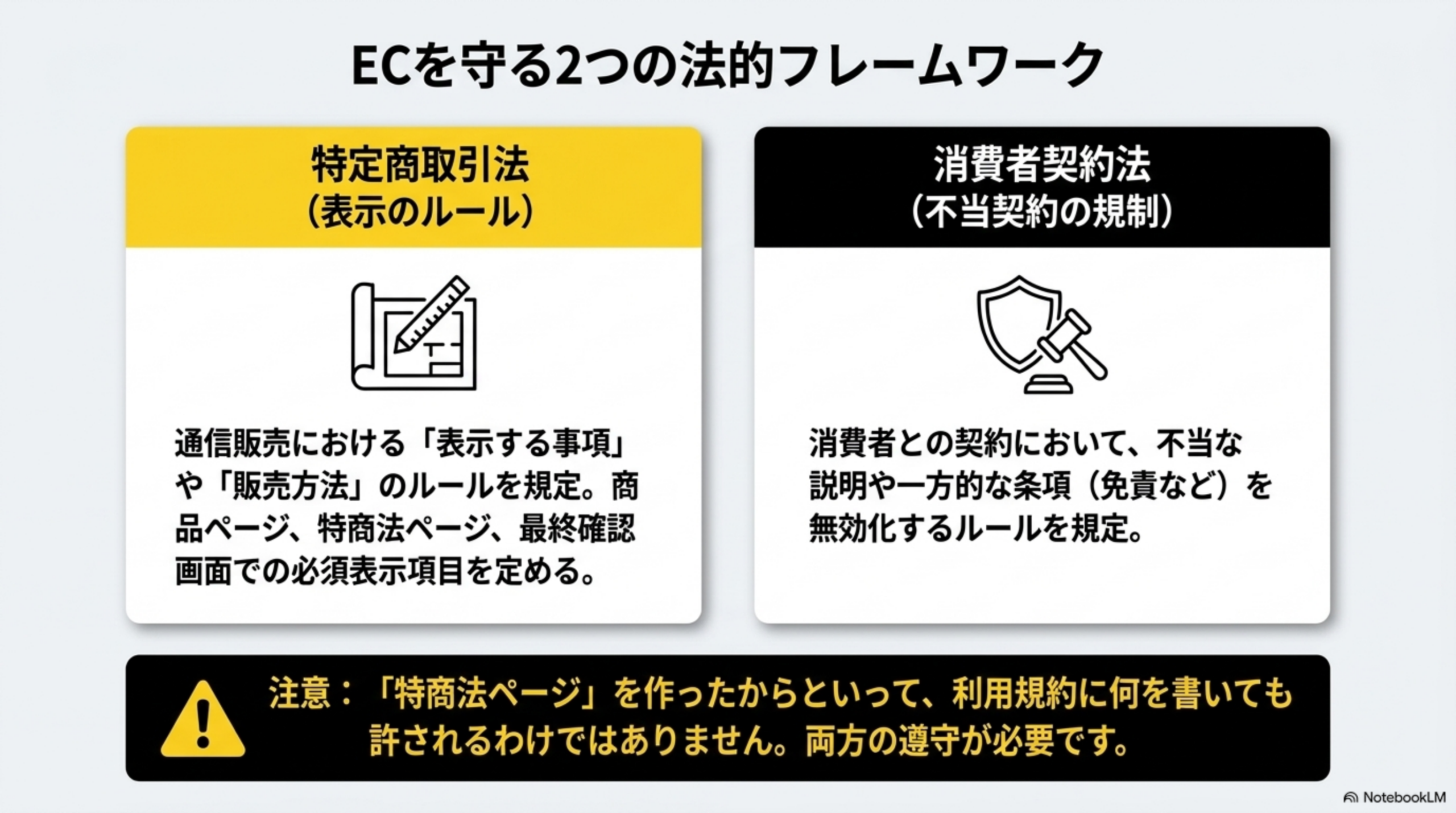 ECを守る2つの法的フレームワーク。特定商取引法（表示のルール）：通信販売における「表示する事項」や「販売方法」のルールを規定。商品ページ、特商法ページ、最終確認画面での必須表示項目を定める。消費者契約法（不当契約の規制）：消費者との契約において、不当な説明や一方的な条項（免責など）を無効化するルールを規定。注意：「特商法ページ」を作ったからといって、利用規約に何を書いても許されるわけではありません。両方の遵守が必要です