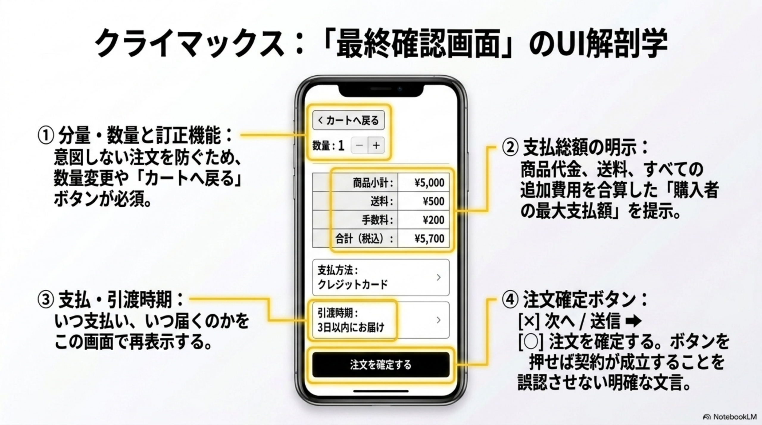 クライマックス：「最終確認画面」のUI解剖学。①分量・数量と訂正機能：意図しない注文を防ぐため、数量変更や「カートへ戻る」ボタンが必須。②支払総額の明示：商品代金、送料、すべての追加費用を合算した「購入者の最大支払額」を提示。③支払・引渡時期：いつ支払い、いつ届くのかをこの画面で再表示する。④注文確定ボタン：[×]次へ／送信→[○]注文を確定する。ボタンを押せば契約が成立することを誤認させない明確な文言