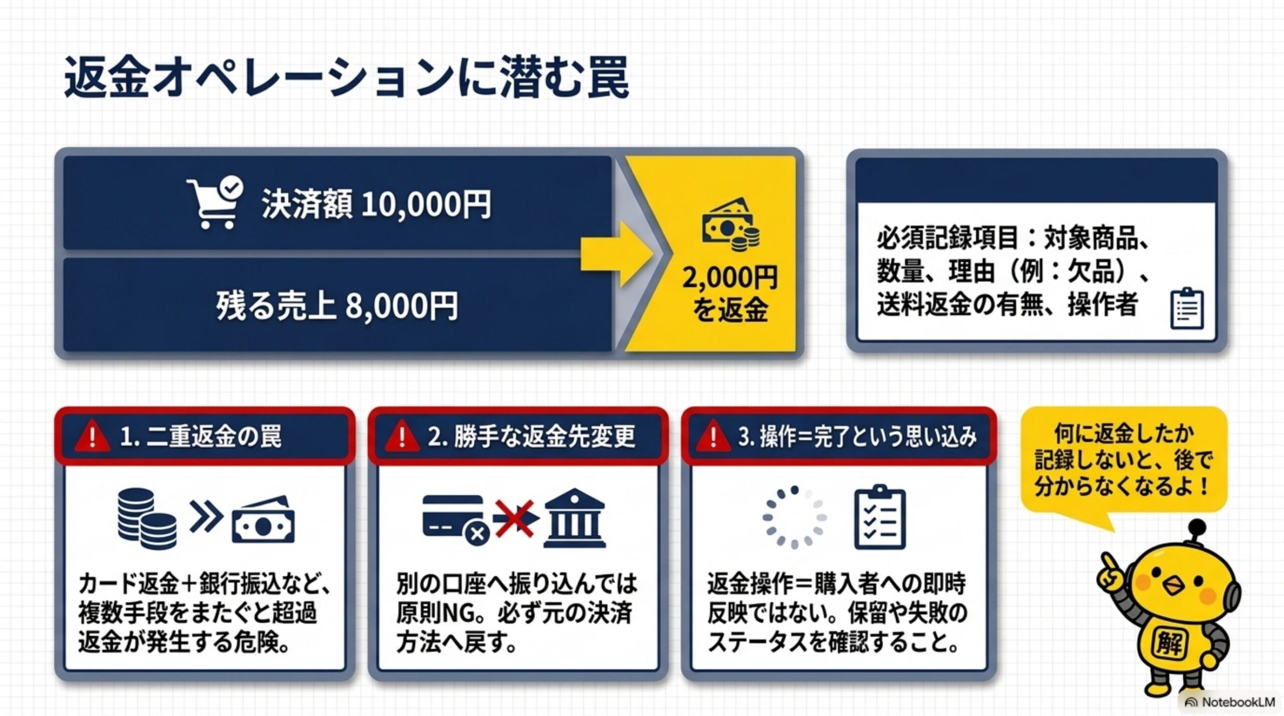 返金オペレーションに潜む罠。決済額10,000円から2,000円を返金し残る売上8,000円。必須記録項目：対象商品、数量、理由(例：欠品)、送料返金の有無、操作者。注意1：二重返金の罠(カード返金+銀行振込など複数手段をまたぐと超過返金が発生する危険)。注意2：勝手な返金先変更(別の口座へ振り込んでは原則NG。必ず元の決済方法へ戻す)。注意3：操作=完了という思い込み(返金操作=購入者への即時反映ではない。保留や失敗のステータスを確認すること)。カイピヨくんの一言「何に返金したか記録しないと、後で分からなくなるよ！」