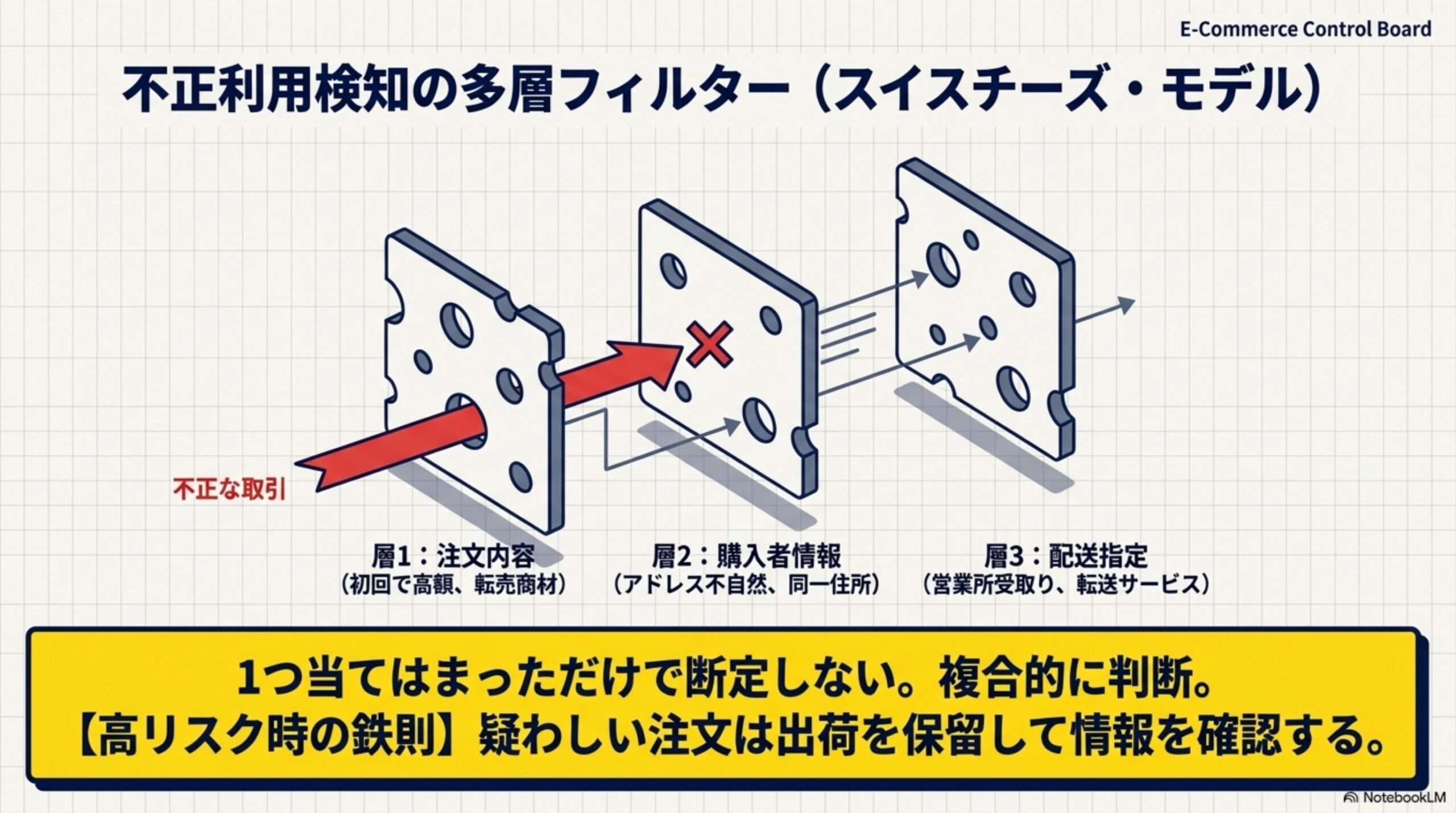 不正利用検知の多層フィルター(スイスチーズ・モデル)。層1：注文内容(初回で高額、転売商材)。層2：購入者情報(アドレス不自然、同一住所)。層3：配送指定(営業所受取り、転送サービス)。1つ当てはまっただけで断定しない。複合的に判断する。高リスク時の鉄則：疑わしい注文は出荷を保留して情報を確認する