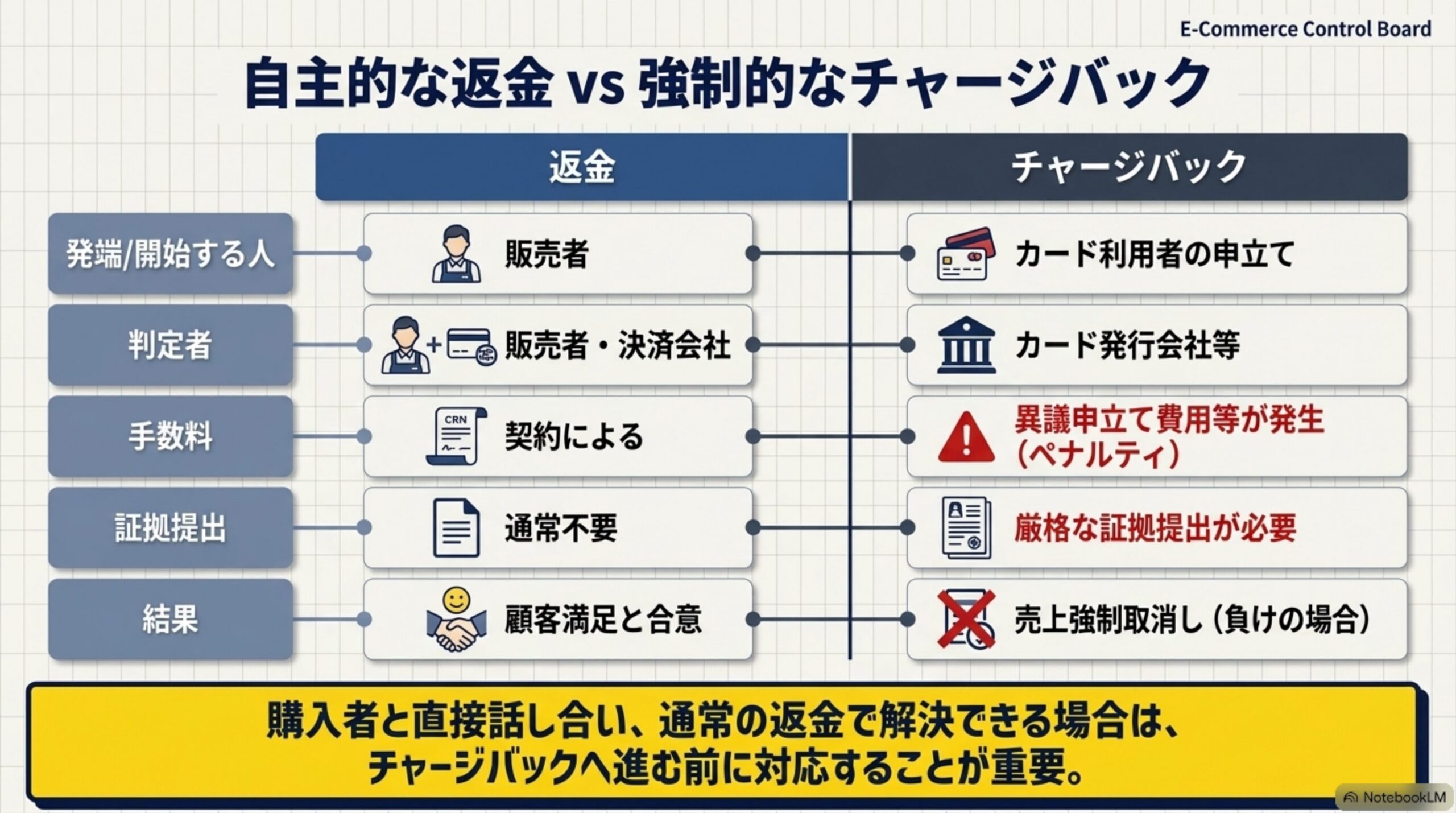 自主的な返金vs強制的なチャージバック。発端/開始する人：返金は販売者、チャージバックはカード利用者の申立て。判定者：返金は販売者・決済会社、チャージバックはカード発行会社等。手数料：返金は契約による、チャージバックは異議申立て費用等が発生する場合あり。証拠提出：返金は通常不要、チャージバックは厳格な証拠提出が必要。結果：返金は顧客満足と合意、チャージバックは売上強制取消し(負けの場合)。購入者と直接話し合い通常の返金で解決できる場合は、チャージバックへ進む前に対応することが重要