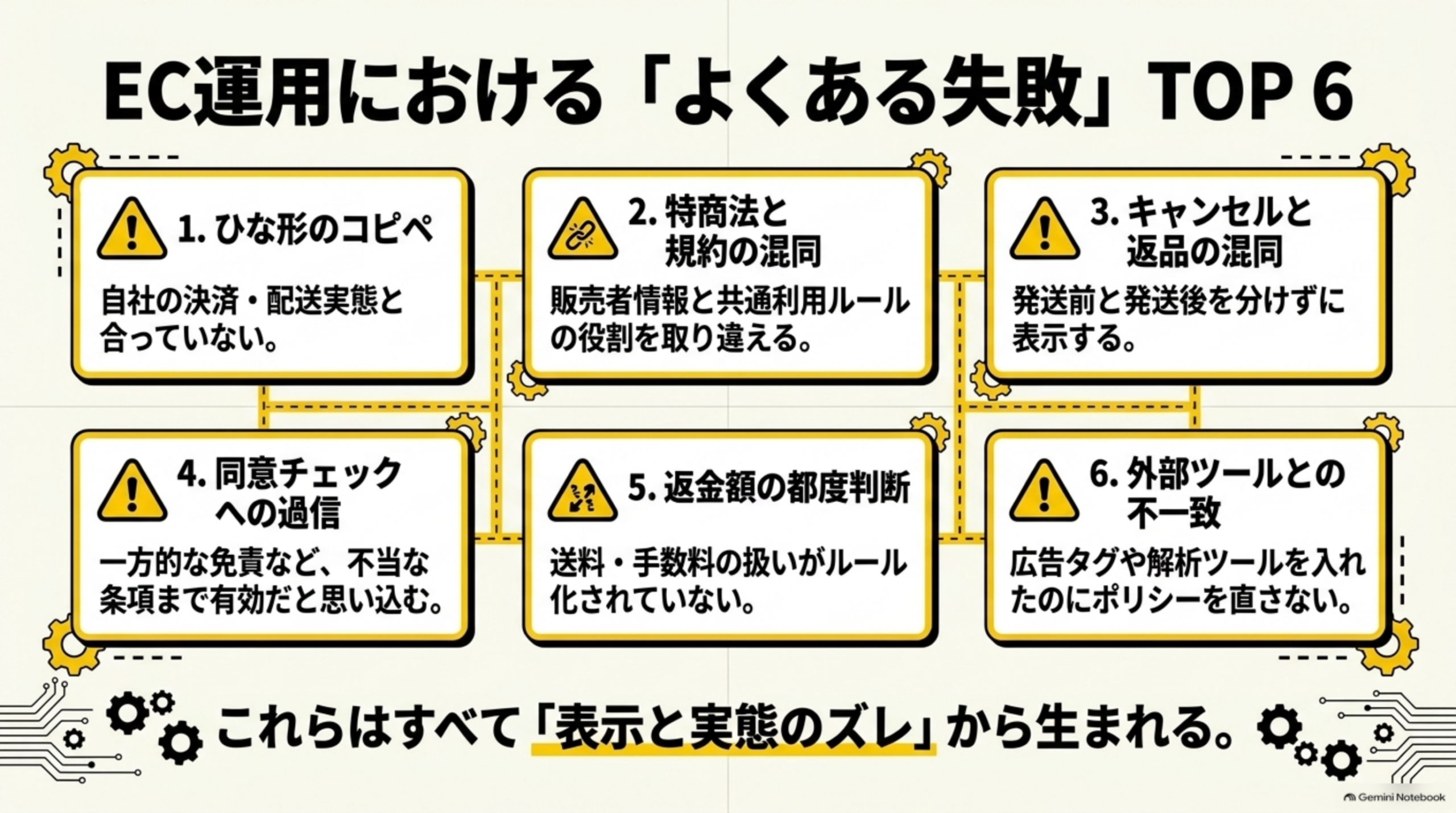 EC運用における「よくある失敗」TOP6。1.ひな形のコピペ:自社の決済・配送実態と合っていない。2.特商法と規約の混同:販売者情報と共通利用ルールの役割を取り違える。3.キャンセルと返品の混同:発送前と発送後を分けずに表示する。4.同意チェックへの過信:一方的な免責など、不当な条項まで有効だと思い込む。5.返金額の都度判断:送料・手数料の扱いがルール化されていない。6.外部ツールとの不一致:広告タグや解析ツールを入れたのにポリシーを直さない。これらはすべて「表示と実態のズレ」から生まれると結ぶ