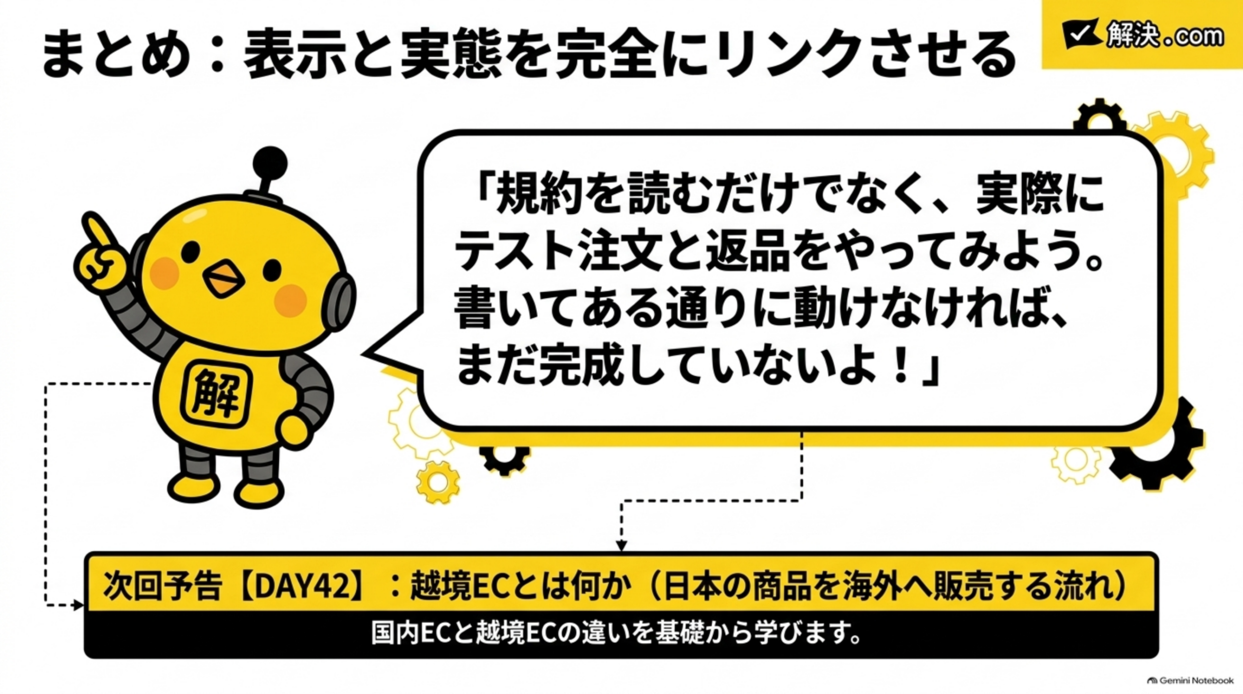 まとめ:表示と実態を完全にリンクさせる。「規約を読むだけでなく、実際にテスト注文と返品をやってみよう。書いてある通りに動けなければ、まだ完成していないよ！」とカイピヨくんが解説。次回予告【DAY42】：越境ECとは何か（日本の商品を海外へ販売する流れ）、国内ECと越境ECの違いを基礎から学びます