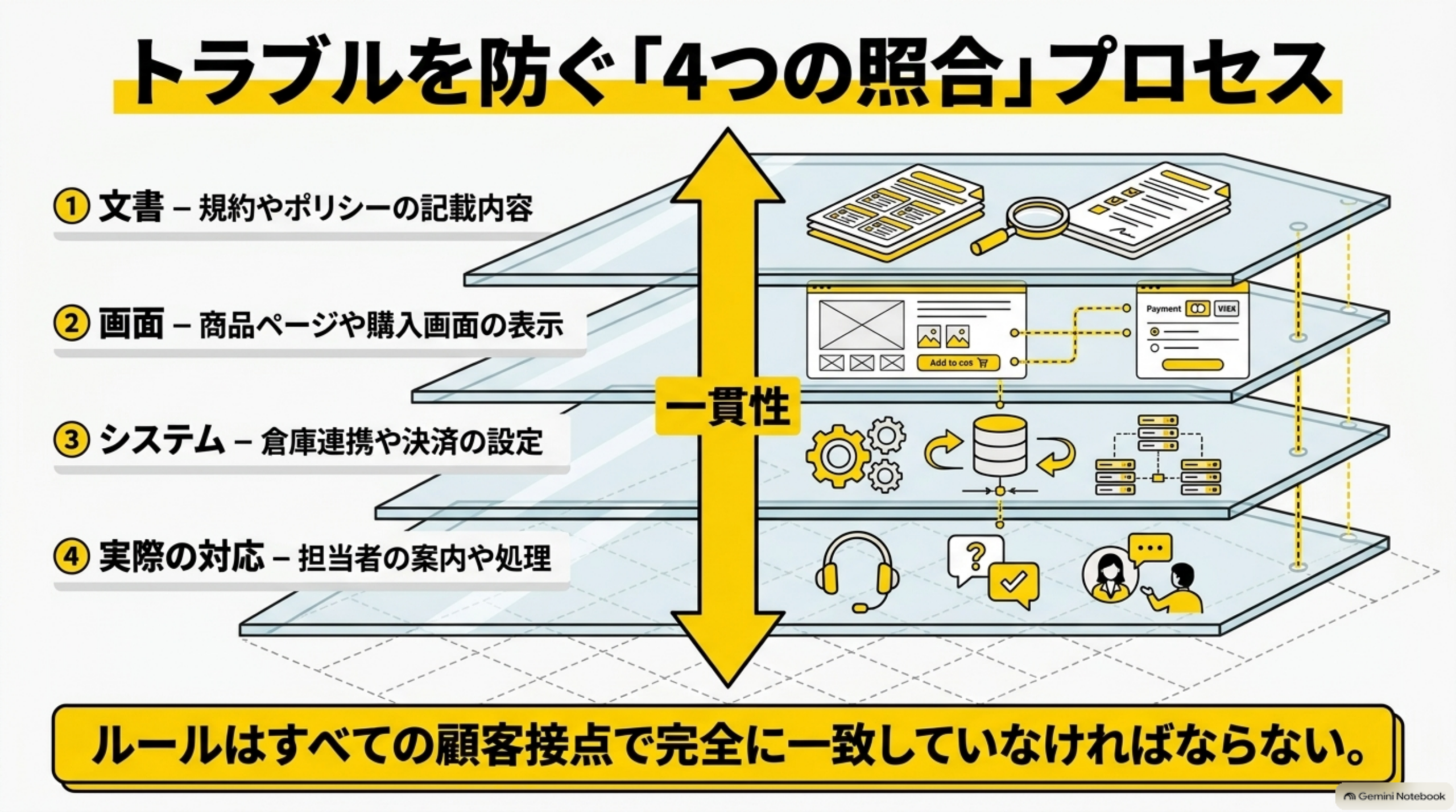 トラブルを防ぐ「4つの照合」プロセス。①文書-規約やポリシーの記載内容②画面-商品ページや購入画面の表示③システム-倉庫連携や決済の設定④実際の対応-担当者の案内や処理を4層に重ね、一貫性を持たせる必要があると図解。ルールはすべての顧客接点で完全に一致していなければならないと結ぶ