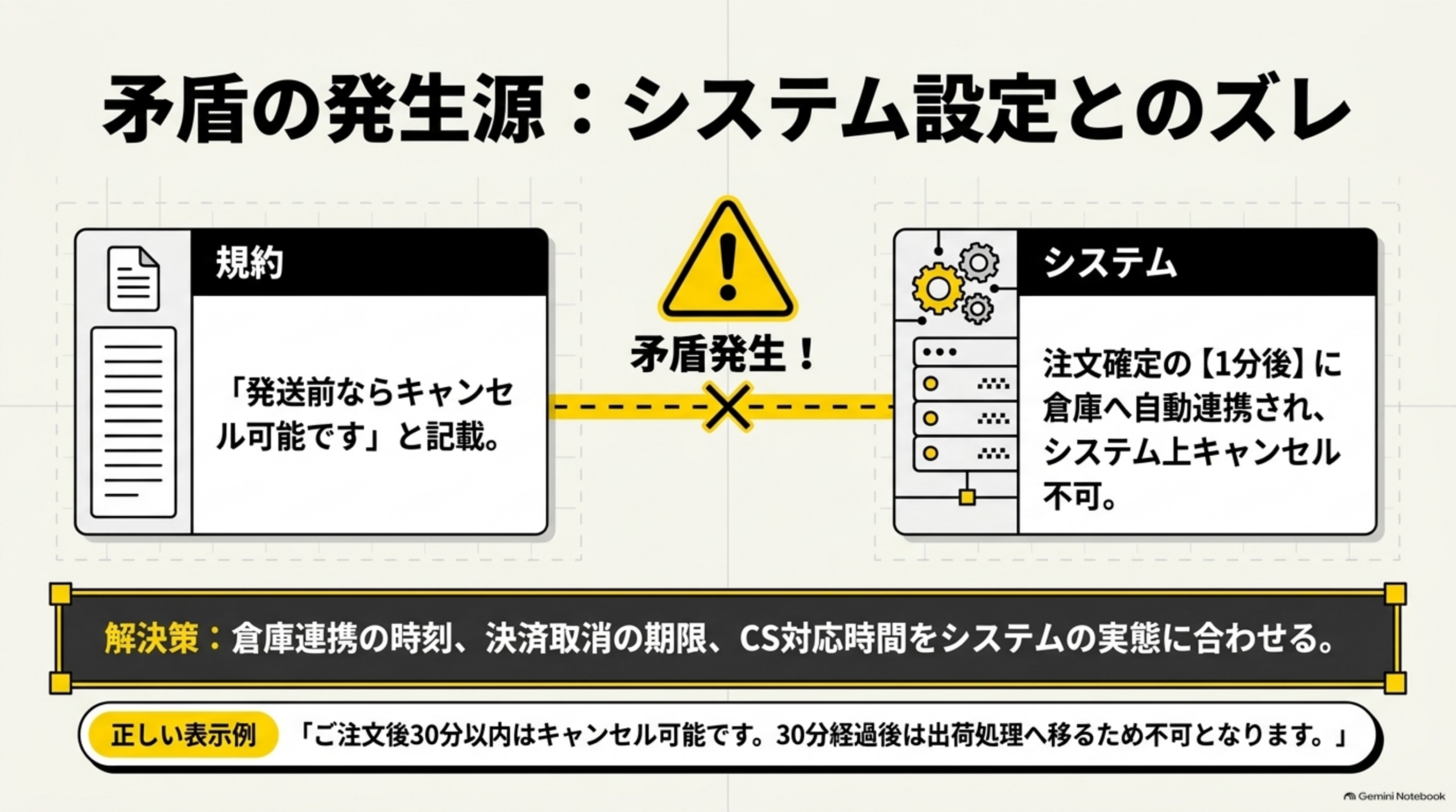 矛盾の発生源:システム設定とのズレ。規約には「発送前ならキャンセル可能です」と記載。一方システムでは注文確定の1分後に倉庫へ自動連携され、システム上キャンセル不可。両者が矛盾を起こすと図解し、解決策として倉庫連携の時刻・決済取消の期限・CS対応時間をシステムの実態に合わせることを提示。正しい表示例として「ご注文後30分以内はキャンセル可能です。30分経過後は出荷処理へ移るため不可となります。」を掲載