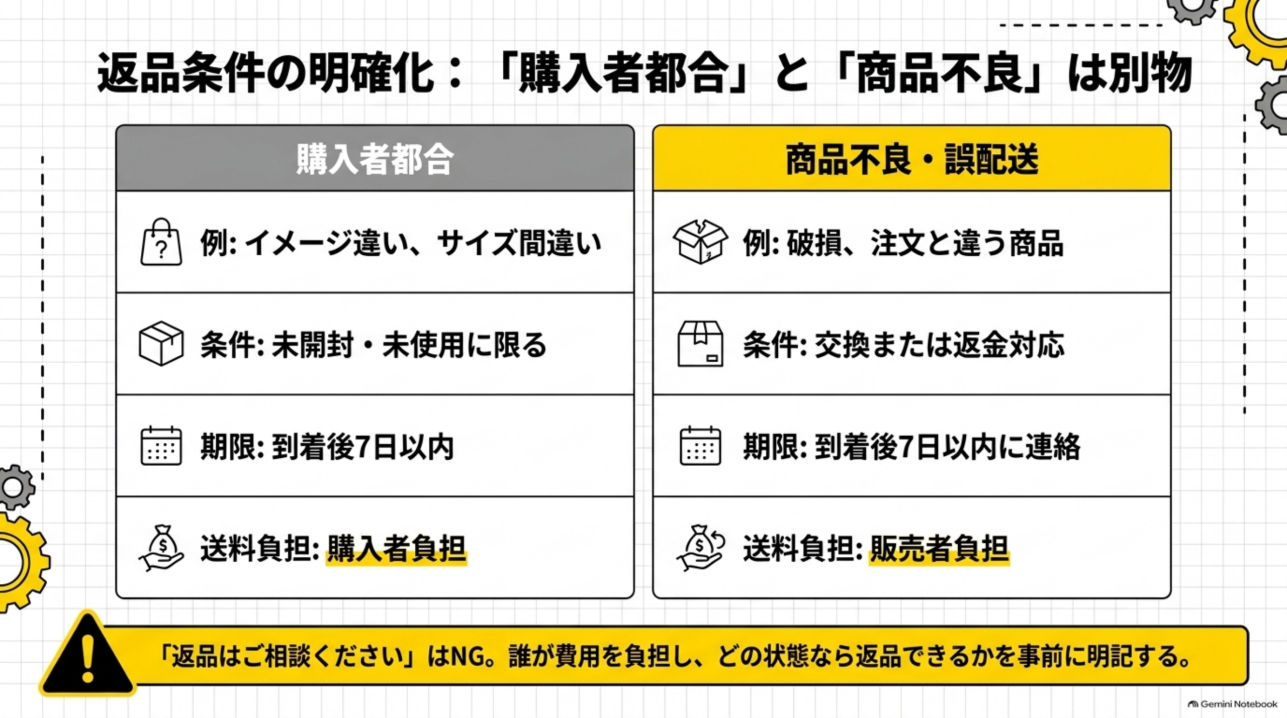 返品条件の明確化:「購入者都合」と「商品不良」は別物。購入者都合（例:イメージ違い、サイズ間違い／条件:未開封・未使用に限る／期限:到着後7日以内／送料負担:購入者負担）と、商品不良・誤配送（例:破損、注文と違う商品／条件:交換または返金対応／期限:到着後7日以内に連絡／送料負担:販売者負担）を対比表で整理。「返品はご相談ください」はNG、誰が費用を負担しどの状態なら返品できるか事前に明記すると結ぶ