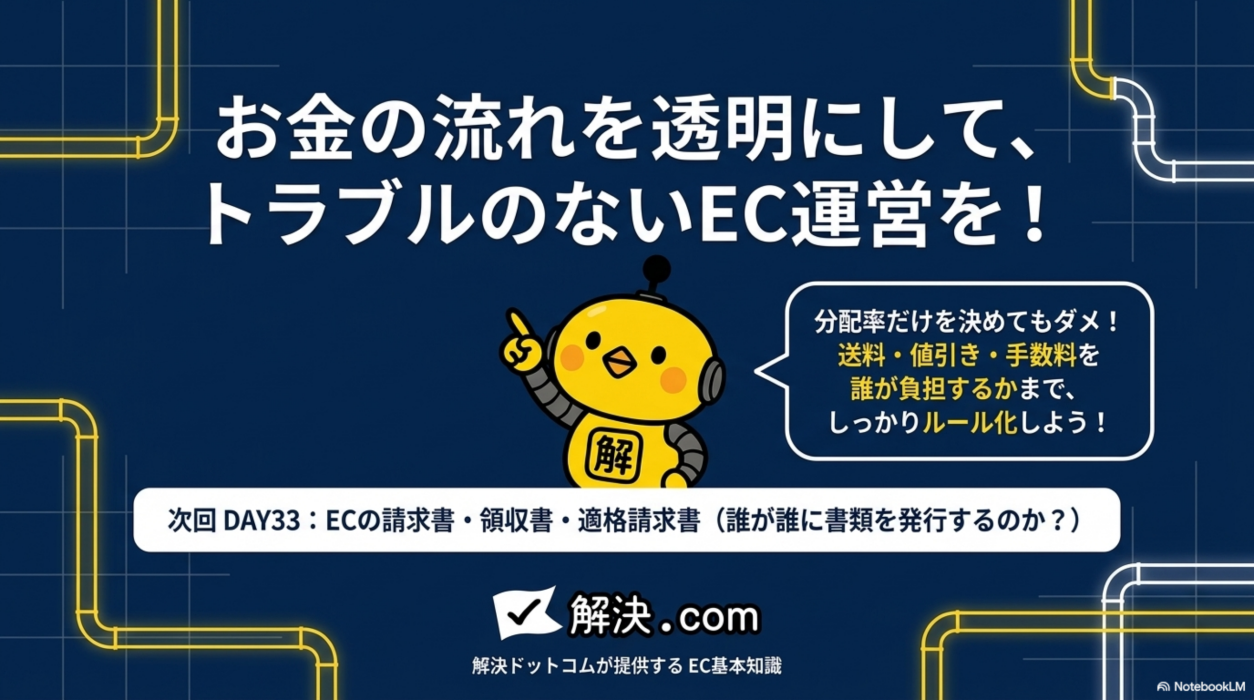 お金の流れを透明にして、トラブルのないEC運営を！分配率だけを決めてもダメ、送料・値引き・手数料を誰が負担するかまで、しっかりルール化しよう。次回DAY33：ECの請求書・領収書・適格請求書（誰が誰に書類を発行するのか？）