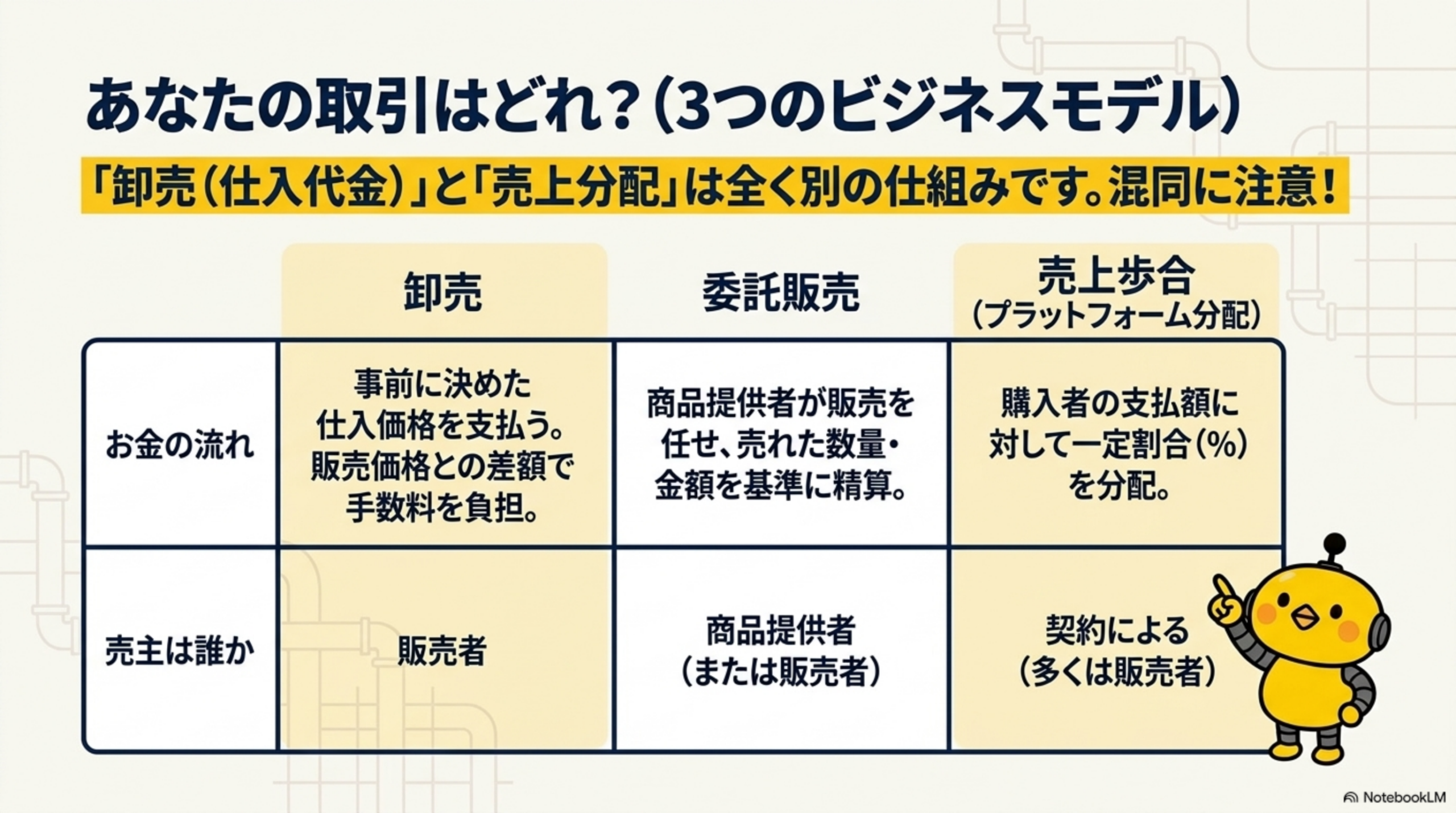 あなたの取引はどれ？（3つのビジネスモデル）。「卸売（仕入代金）」と「売上分配」は全く別の仕組み、混同に注意。卸売：事前に決めた仕入価格を支払う、販売価格との差額で手数料等を負担、売主は販売者。委託販売：商品提供者が販売を任せ、売れた数量・金額を基準に精算、売主は商品提供者（または販売者）。売上歩合（プラットフォーム分配）：購入者の支払額に対して一定割合(%)を分配、売主は契約による（多くは販売者）