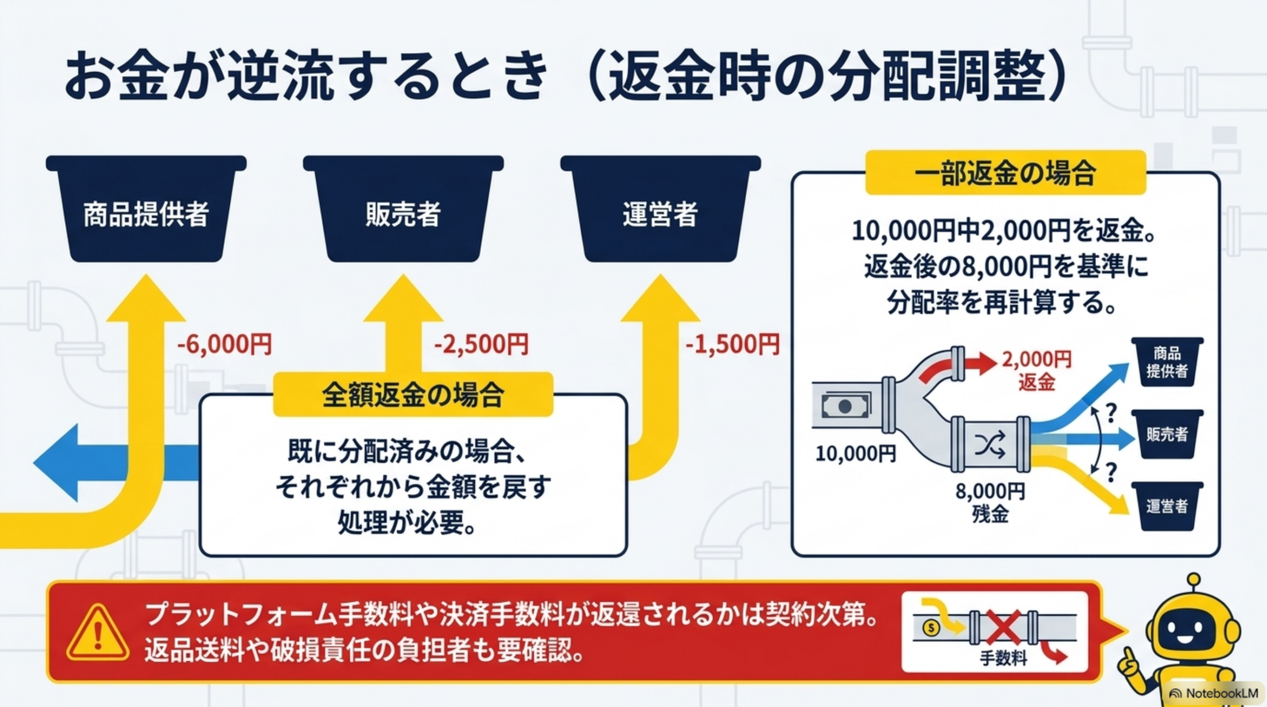 お金が逆流するとき（返金時の分配調整）。全額返金の場合：既に分配済みの場合、それぞれから金額を戻す処理が必要（商品提供者-6,000円・販売者-2,500円・運営者-1,500円）。一部返金の場合：10,000円中2,000円を返金、返金後の8,000円を基準に分配率を再計算する。プラットフォーム手数料や決済手数料が返還されるかは契約次第、返品送料や破損責任の負担者も要確認