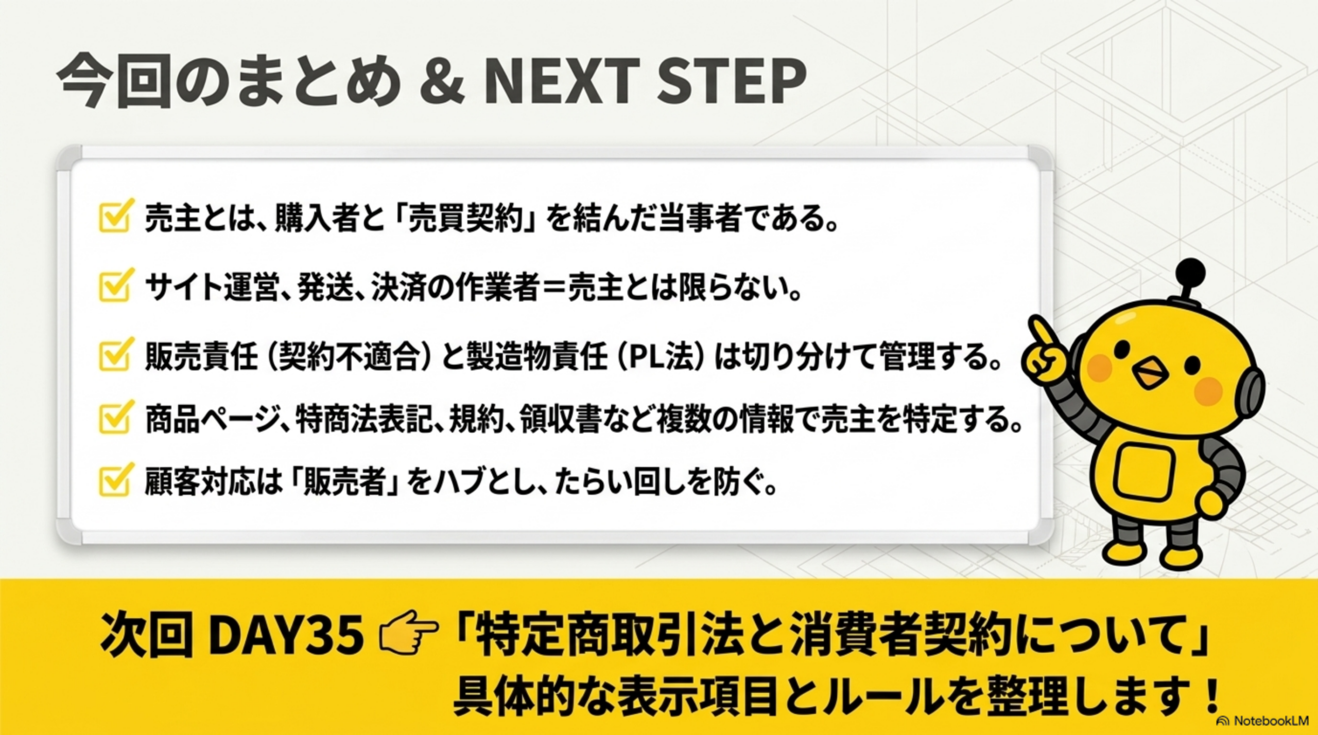 今回のまとめ＆NEXT STEP。売主とは購入者と売買契約を結んだ当事者である／サイト運営、発送、決済の作業者＝売主とは限らない／販売責任（契約不適合）と製造物責任（PL法）は切り分けて管理する／商品ページ、特商法表記、規約、領収書など複数の情報で売主を特定する／顧客対応は販売者をハブとし、たらい回しを防ぐ。次回DAY35：特定商取引法と消費者契約について、具体的な表示項目とルールを整理