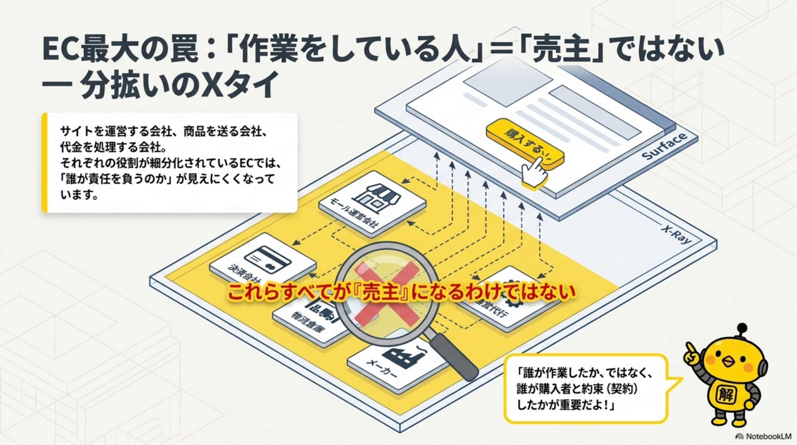 EC最大の罠：作業をしている人＝売主ではない。サイトを運営する会社、商品を送る会社、代金を処理する会社。役割が細分化されたECでは誰が責任を負うのかが見えにくい。誰が作業したかではなく、誰が購入者と約束（契約）したかが重要