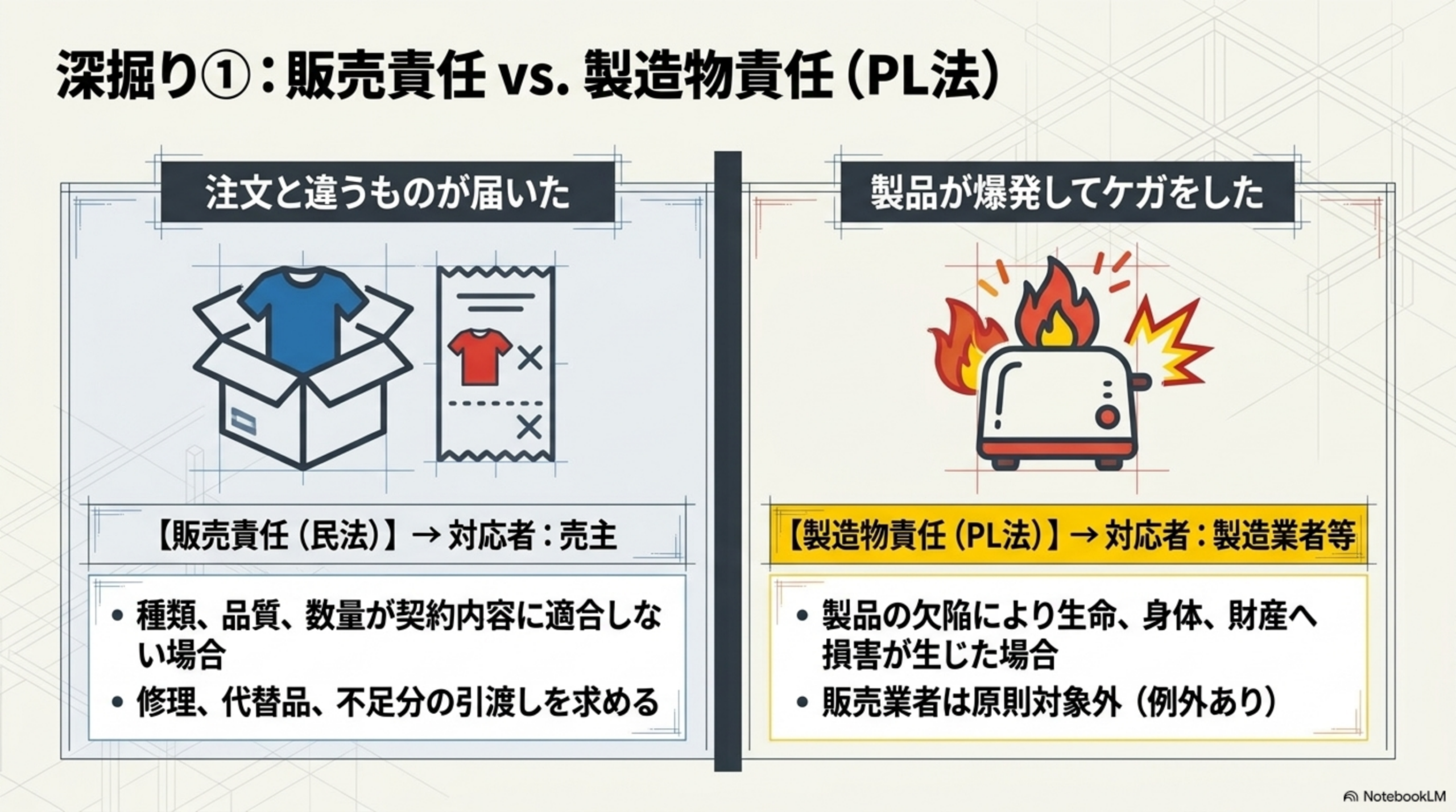 深掘り①：販売責任 vs. 製造物責任（PL法）。『注文と違うものが届いた』→販売責任（民法）・対応者は売主・種類/品質/数量が契約内容に適合しない場合、修理・代替品・不足分の引渡しを求める。『製品が爆発してケガをした』→製造物責任（PL法）・対応者は製造業者等・製品の欠陥により生命/身体/財産へ損害が生じた場合、販売業者は原則対象外（例外あり）