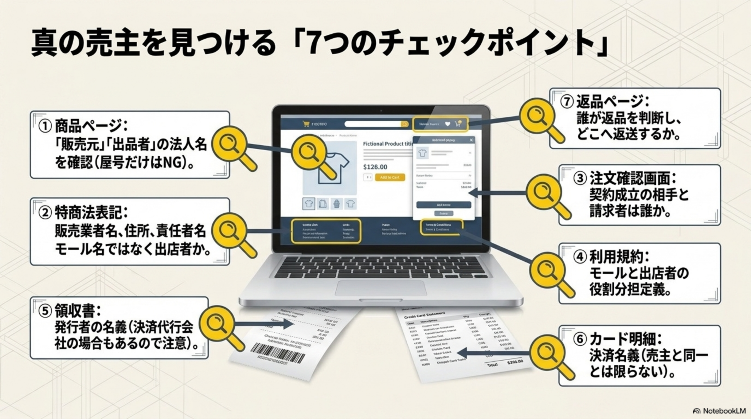 真の売主を見つける『7つのチェックポイント』。①商品ページ：『販売元』『出品者』の法人名を確認（屋号だけはNG）②特商法表記：販売業者名、住所、責任者名、モール名ではなく出店者か ③注文確認画面：契約成立の相手と請求者は誰か ④利用規約：モールと出店者の役割分担定義 ⑤領収書：発行者の名義（決済代行会社の場合もあるので注意）⑥カード明細：決済名義（売主と同一とは限らない）⑦返品ページ：誰が返品を判断し、どこへ返送するか