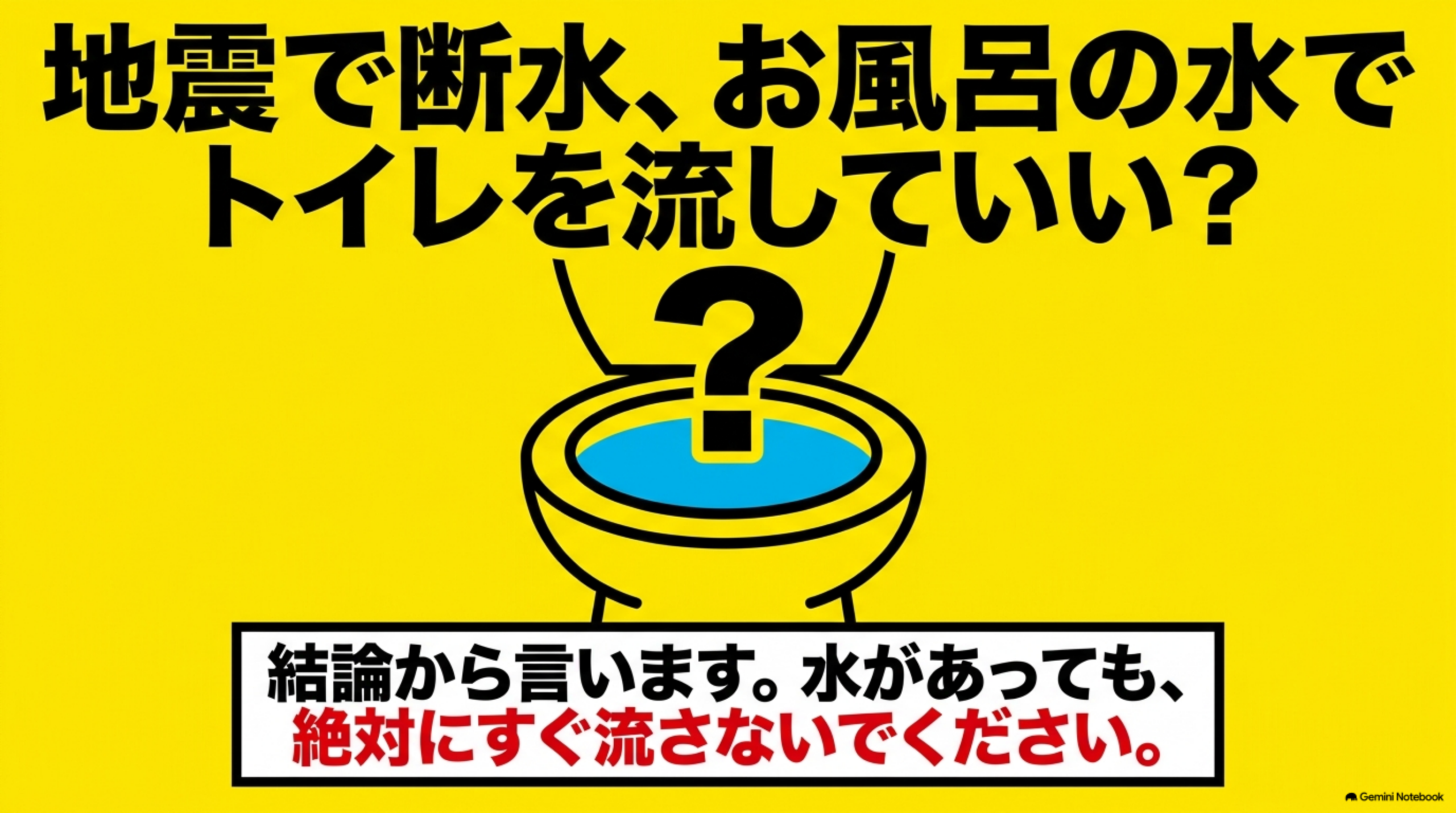 地震で断水、お風呂の水でトイレを流していい？結論から言います。水があっても、絶対にすぐ流さないでください。黄色い背景に黒い洋式トイレのイラストと大きな「？」マーク