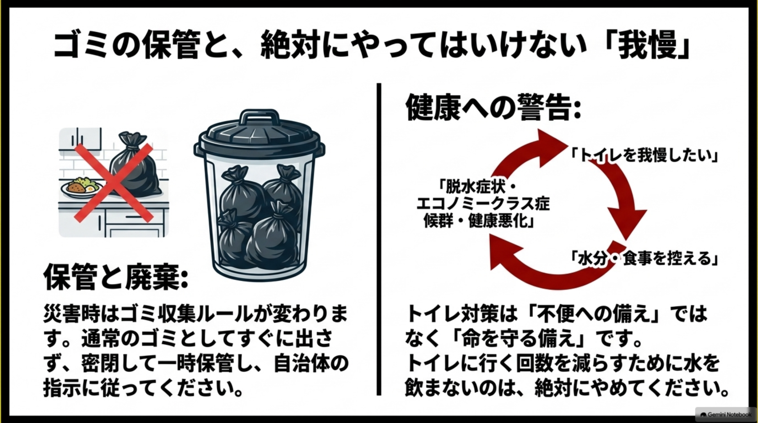 ゴミの保管と、絶対にやってはいけない「我慢」。保管と廃棄：災害時はゴミ収集ルールが変わります、通常のゴミとしてすぐに出さず、密閉して一時保管し、自治体の指示に従ってください。食品や皿の横に置かれたゴミ袋に禁止マーク、蓋付きゴミ箱にまとめられたゴミ袋のイラスト。健康への警告：「トイレを我慢したい」→「水分・食事を控える」→「脱水症状・エコノミークラス症候群・健康悪化」の悪循環図。トイレ対策は「不便への備え」ではなく「命を守る備え」です、トイレに行く回数を減らすために水を飲まないのは、絶対にやめてくださいという注記