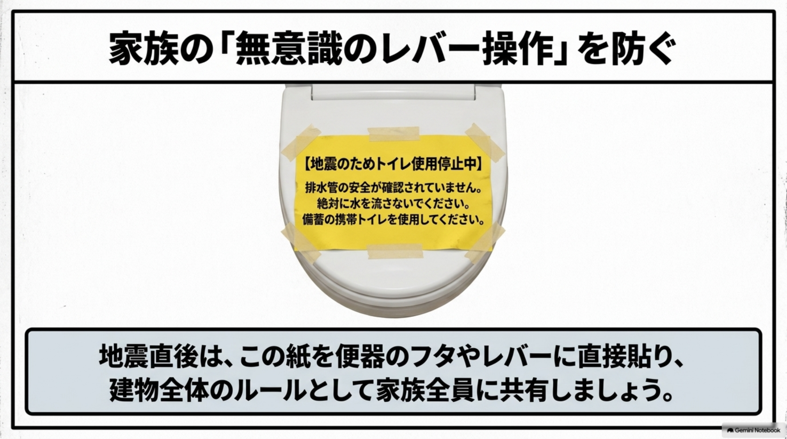家族の「無意識のレバー操作」を防ぐ。便座に黄色い紙が貼られたイラスト。「地震のためトイレ使用停止中。排水管の安全が確認されていません。絶対に水を流さないでください。備蓄の携帯トイレを使用してください」という貼り紙の文面。地震直後は、この紙を便器のフタやレバーに直接貼り、建物全体のルールとして家族全員に共有しましょうという注記
