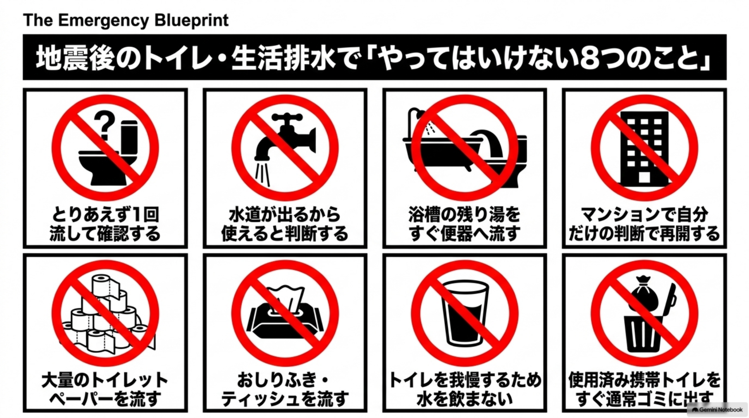The Emergency Blueprint 地震後のトイレ・生活排水で「やってはいけない8つのこと」。とりあえず1回流して確認する／水道が出るから使えると判断する／浴槽の残り湯をすぐ便器へ流す／マンションで自分だけの判断で再開する／大量のトイレットペーパーを流す／おしりふき・ティッシュを流す／トイレを我慢するため水を飲まない／使用済み携帯トイレをすぐ通常ゴミに出す、の8項目を赤い禁止マークのアイコンで示したグリッド