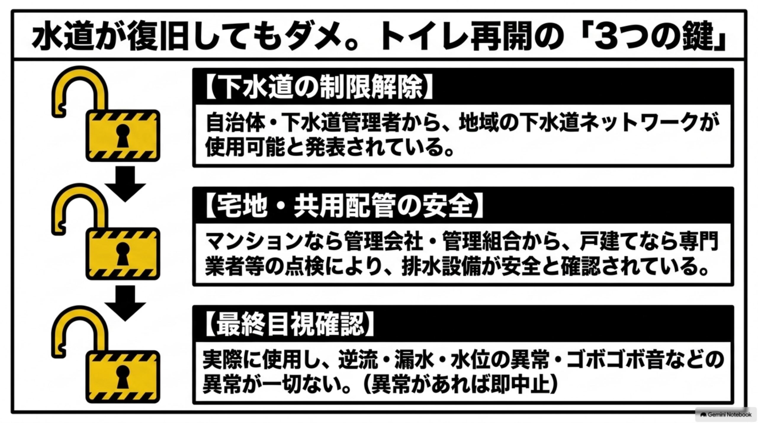 水道が復旧してもダメ。トイレ再開の「3つの鍵」。【下水道の制限解除】自治体・下水道管理者から、地域の下水道ネットワークが使用可能と発表されている。【宅地・共用配管の安全】マンションなら管理会社・管理組合から、戸建てなら専門業者等の点検により、排水設備が安全と確認されている。【最終目視確認】実際に使用し、逆流・漏水・水位の異常・ゴボゴボ音などの異常が一切ない(異常があれば即中止)、という3つの鍵が順番に開いていく図