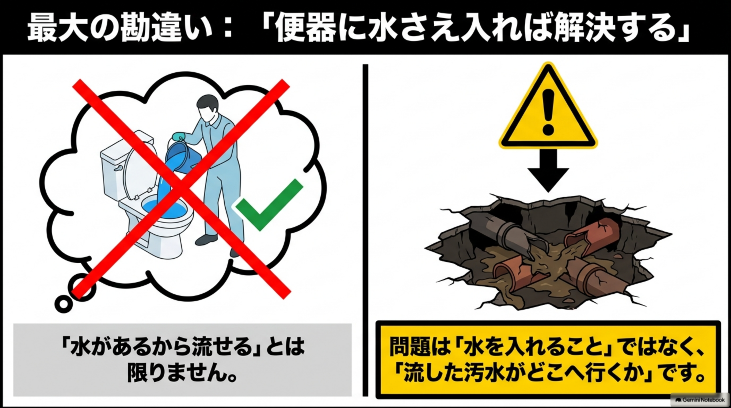 最大の勘違い：「便器に水さえ入れれば解決する」。バケツで水を便器に注ぐ人のイラストに赤いX印、「水があるから流せる」とは限りません、という左側パネル。破損した地下の排水管から汚水が漏れている穴のイラストに警告マーク、問題は「水を入れること」ではなく、「流した汚水がどこへ行くか」です、という右側パネルの対比図