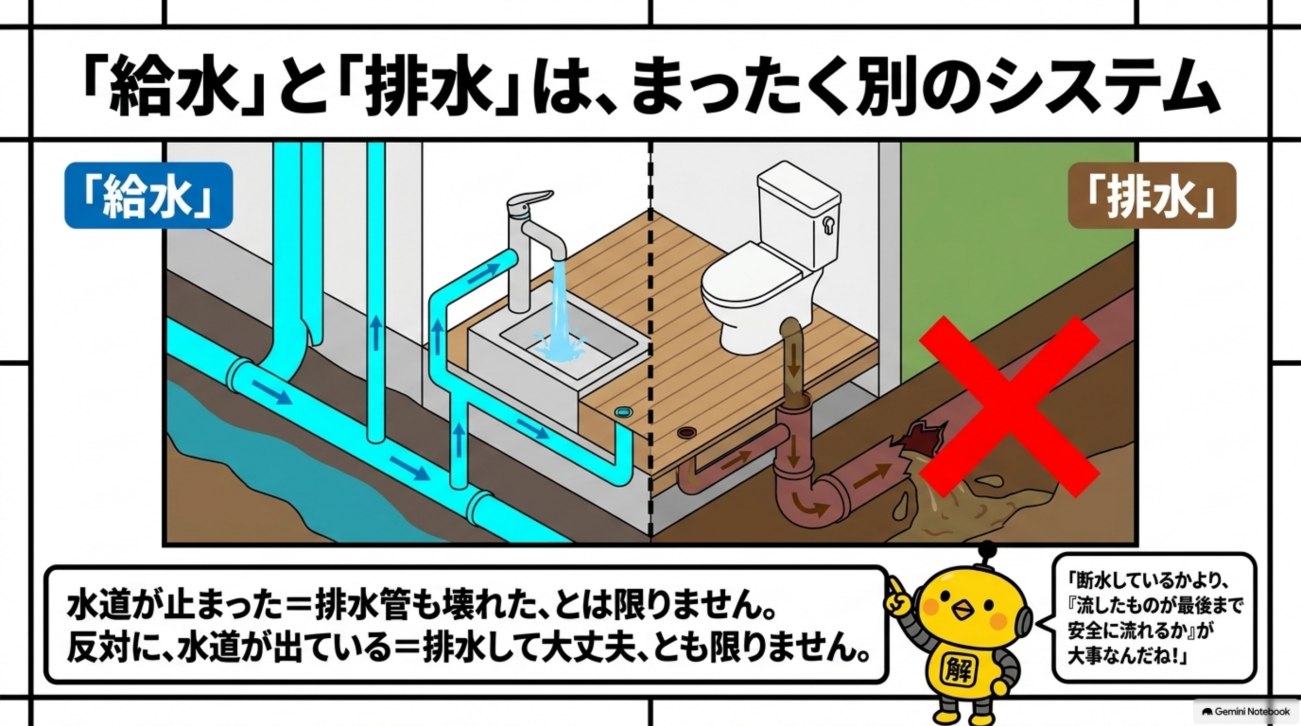 「給水」と「排水」は、まったく別のシステム。給水(蛇口・トイレへ水を届ける青い配管イラスト)と排水(トイレから下水道へ流す茶色い配管イラスト、破損箇所に赤いX印)の断面比較図。カイピヨくんの「水道が止まった＝排水管も壊れた、とは限りません。反対に、水道が出ている＝排水して大丈夫、とも限りません！」というコメント