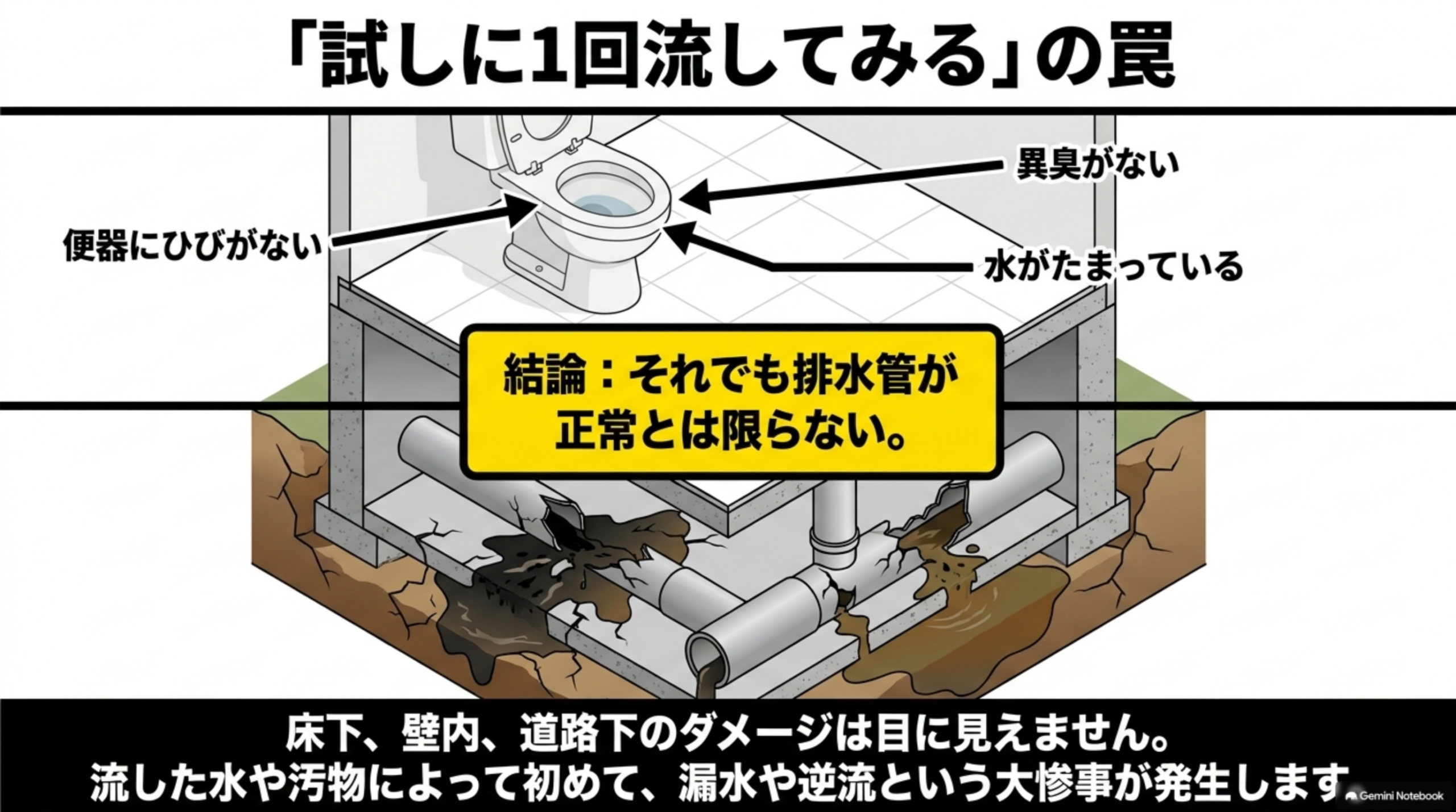 「試しに1回流してみる」の罠。便器にひびがない・異臭がない・水がたまっている、という一見正常な便器のイラストと、床下の断面図で見える破損した排水管から汚水が漏れている様子の対比。結論：それでも排水管が正常とは限らない。床下、壁内、道路下のダメージは目に見えません、流した水や汚物によって初めて、漏水や逆流という大惨事が発生しますという注記