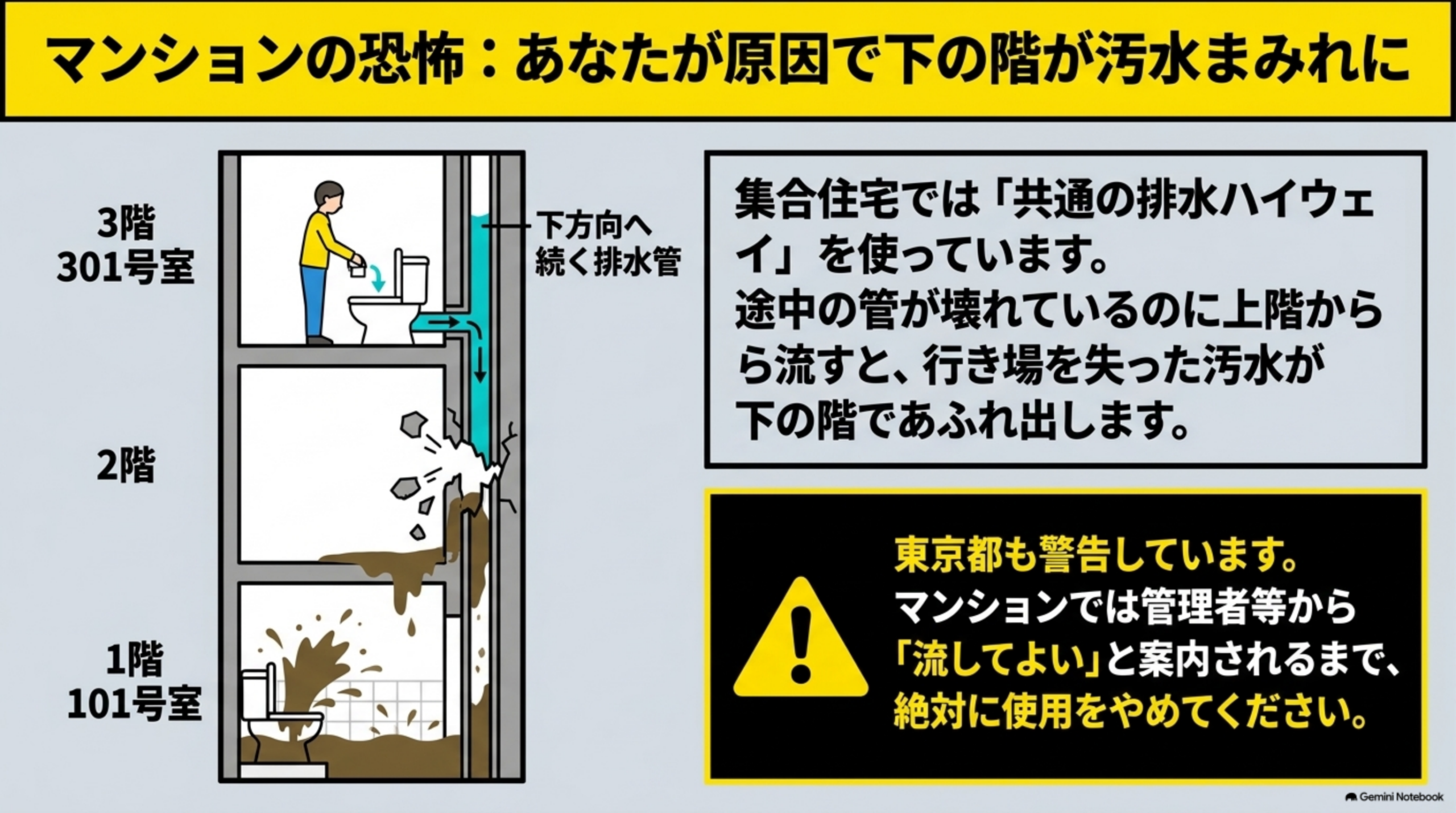 マンションの恐怖：あなたが原因で下の階が汚水まみれに。3階301号室でトイレを流す人から、下方向へ続く排水管を通って2階・1階へ被害が広がる様子のイラスト。集合住宅では「共通の排水ハイウェイ」を使っています、途中の管が壊れているのに上階から流すと、行き場を失った汚水が下の階であふれ出します。東京都も警告しています、マンションでは管理者等から「流してよい」と案内されるまで、絶対に使用をやめてくださいという注記